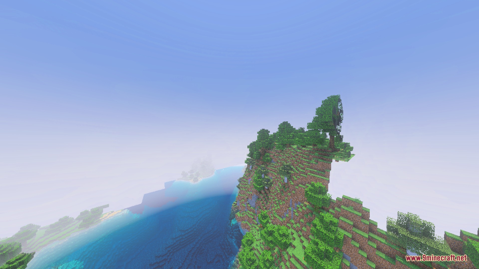 Fused's Birds Shader Screenshot 1 Lush green trees grow on a steep cliff overlooking a vast ocean