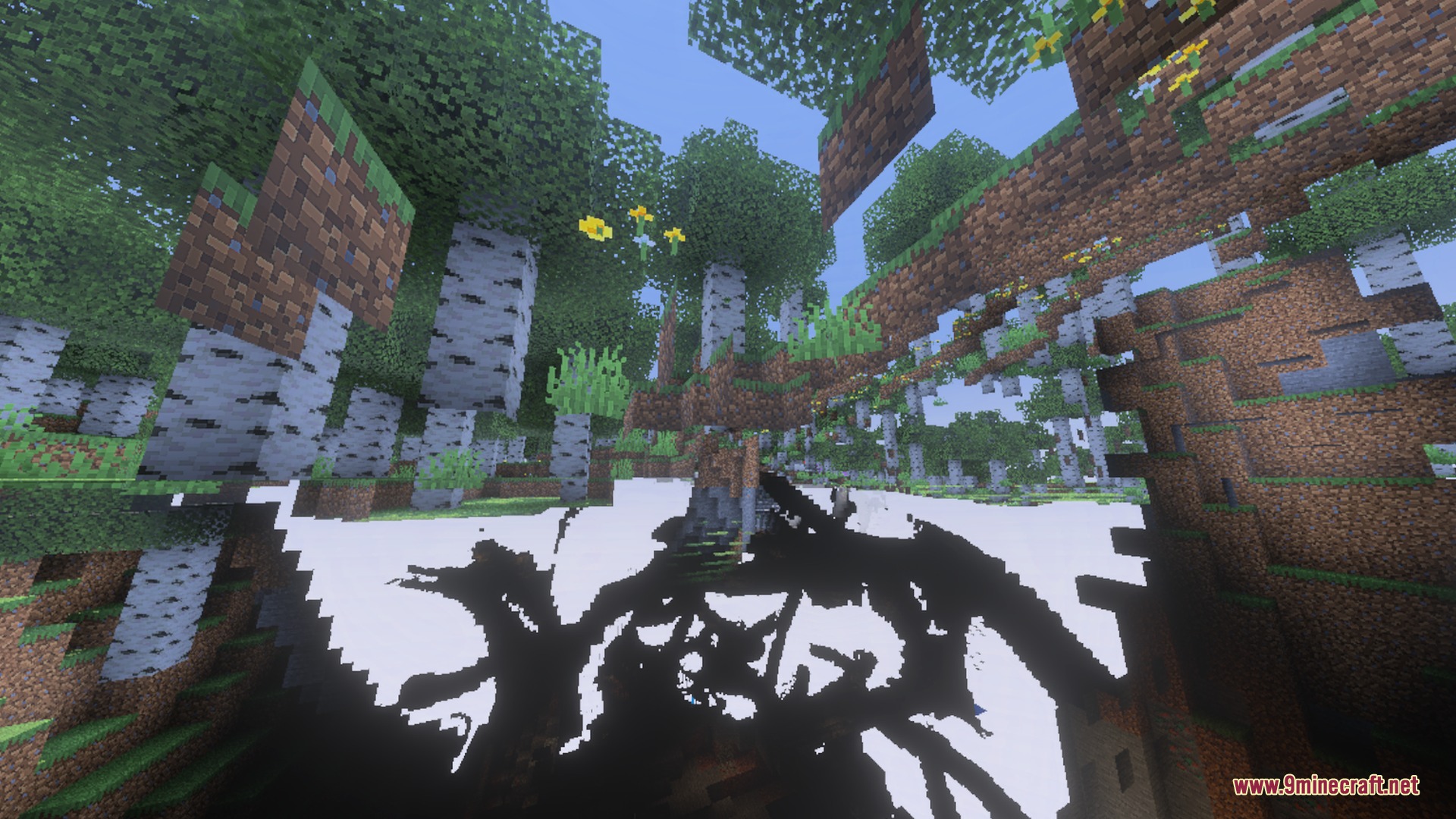 Fused's Birds Shader Screenshot 2 Black bird particles fly through the sky above a dense birch forest