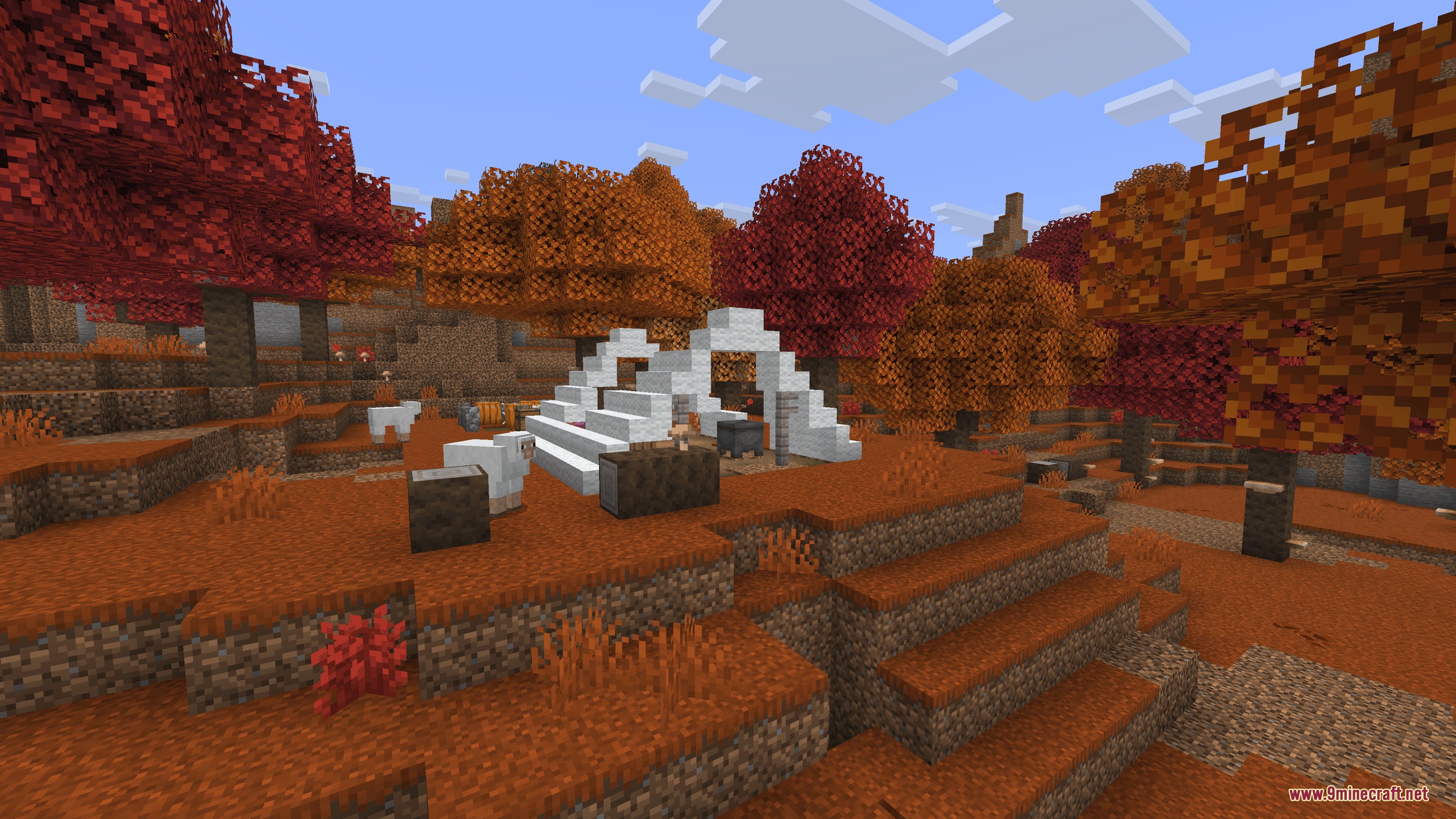 Future Legacy Tides Mod Screenshot 1 Sheep grazing near white wool stairs at an abandoned campsite in autumn forest