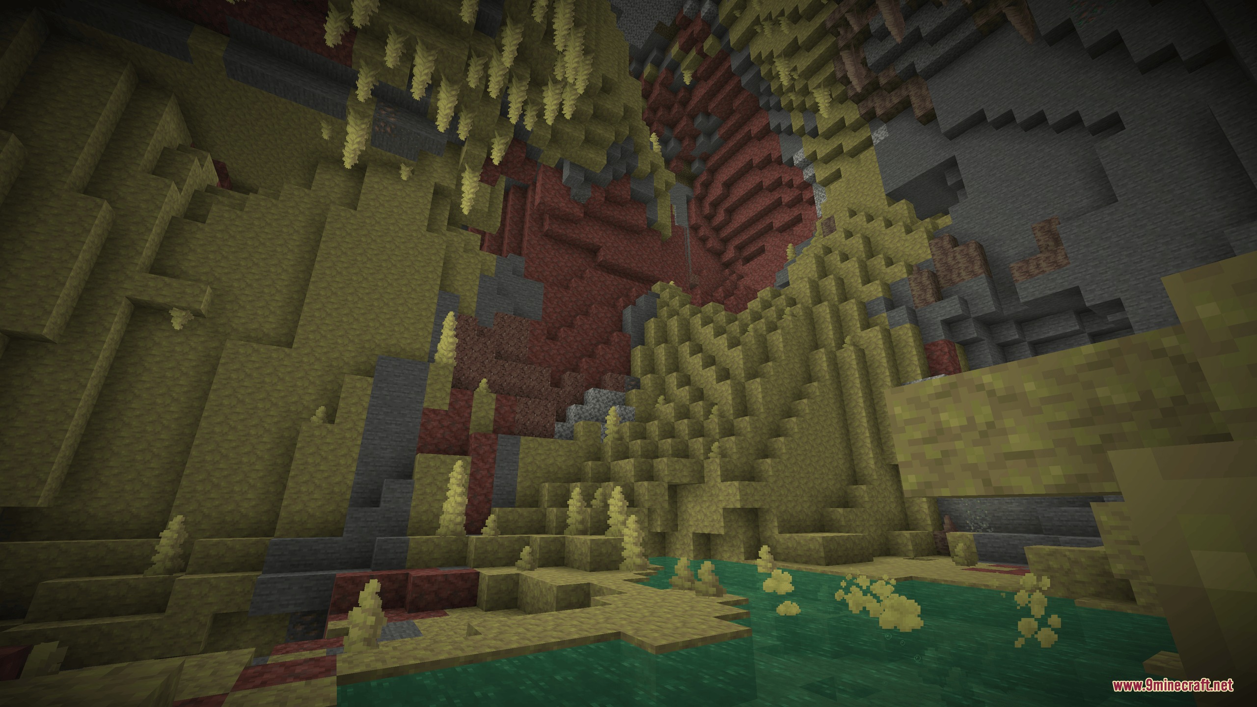 Future Legacy Tides Mod Screenshot 2 Yellow sulfur blocks and red cinnabar formations inside a deep Sulfur Cave