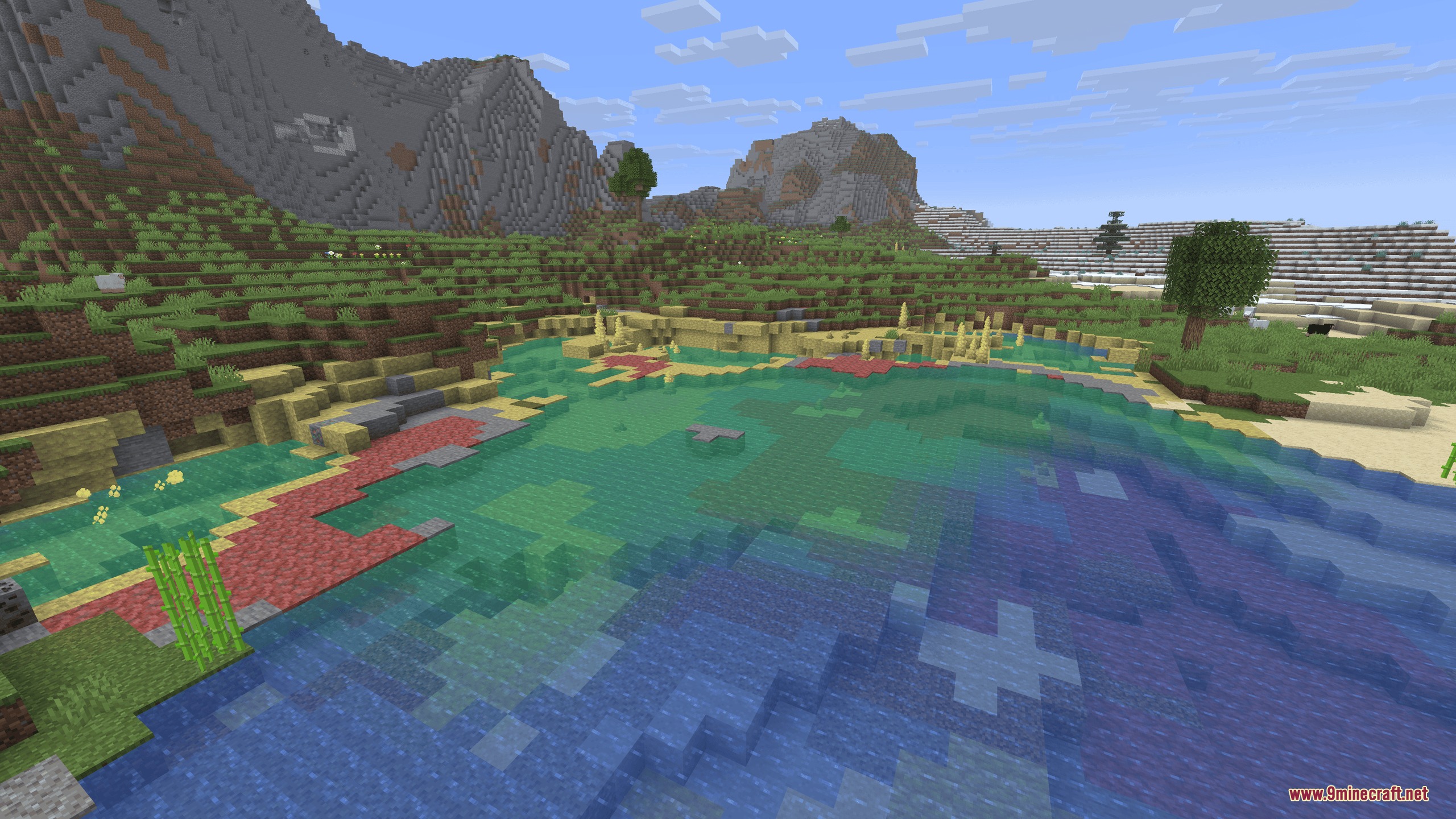 Future Legacy Tides Mod Screenshot 5 A vibrant sulfur pool surrounded by yellow and red blocks in Minecraft