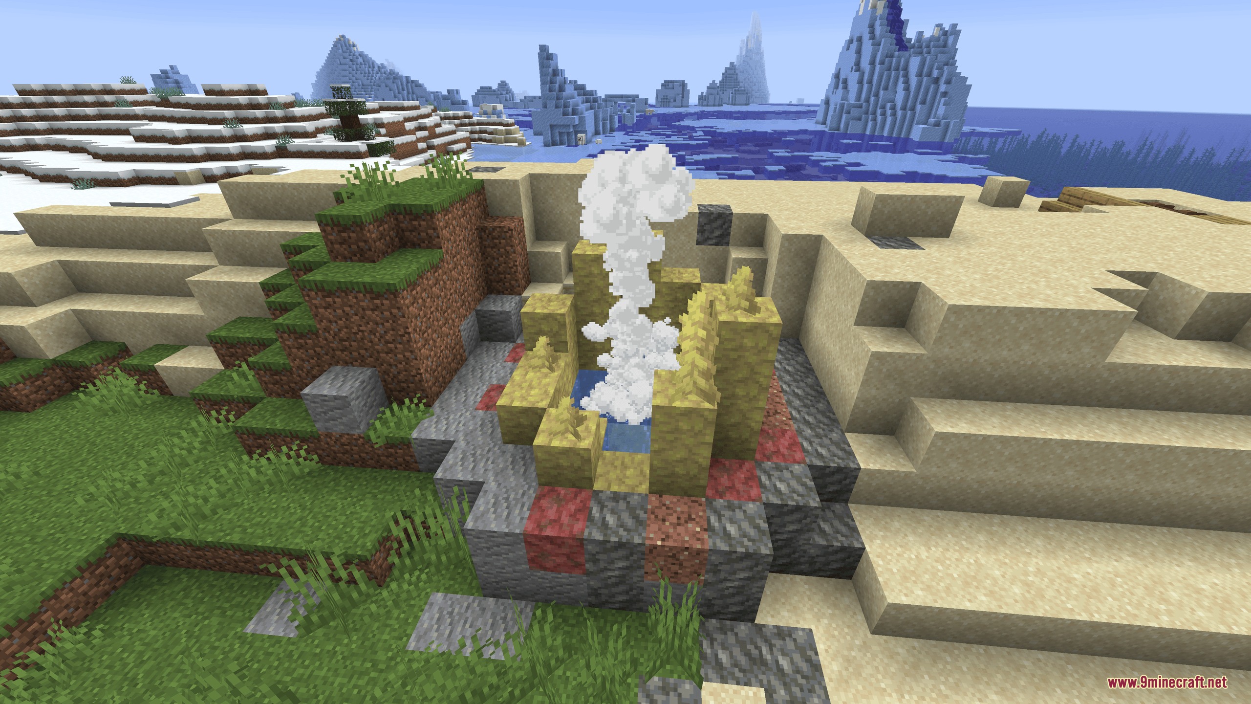 Future Legacy Tides Mod Screenshot 6 A natural geyser emitting white steam surrounded by sulfur and cinnabar blocks