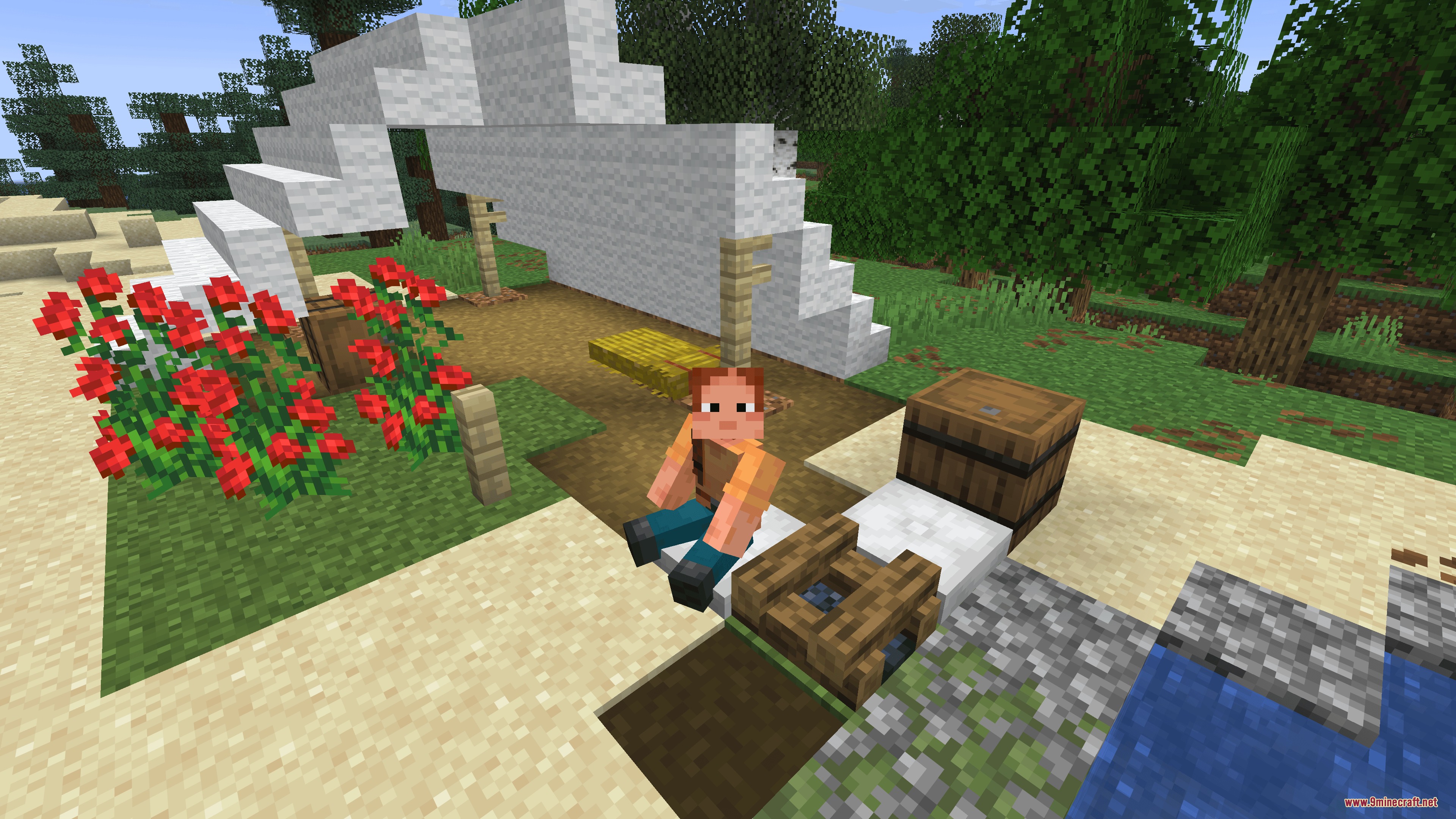 Future Legacy Tides Mod Screenshot 7 Minecraft player sitting on a cushion at an abandoned campsite with straw beds