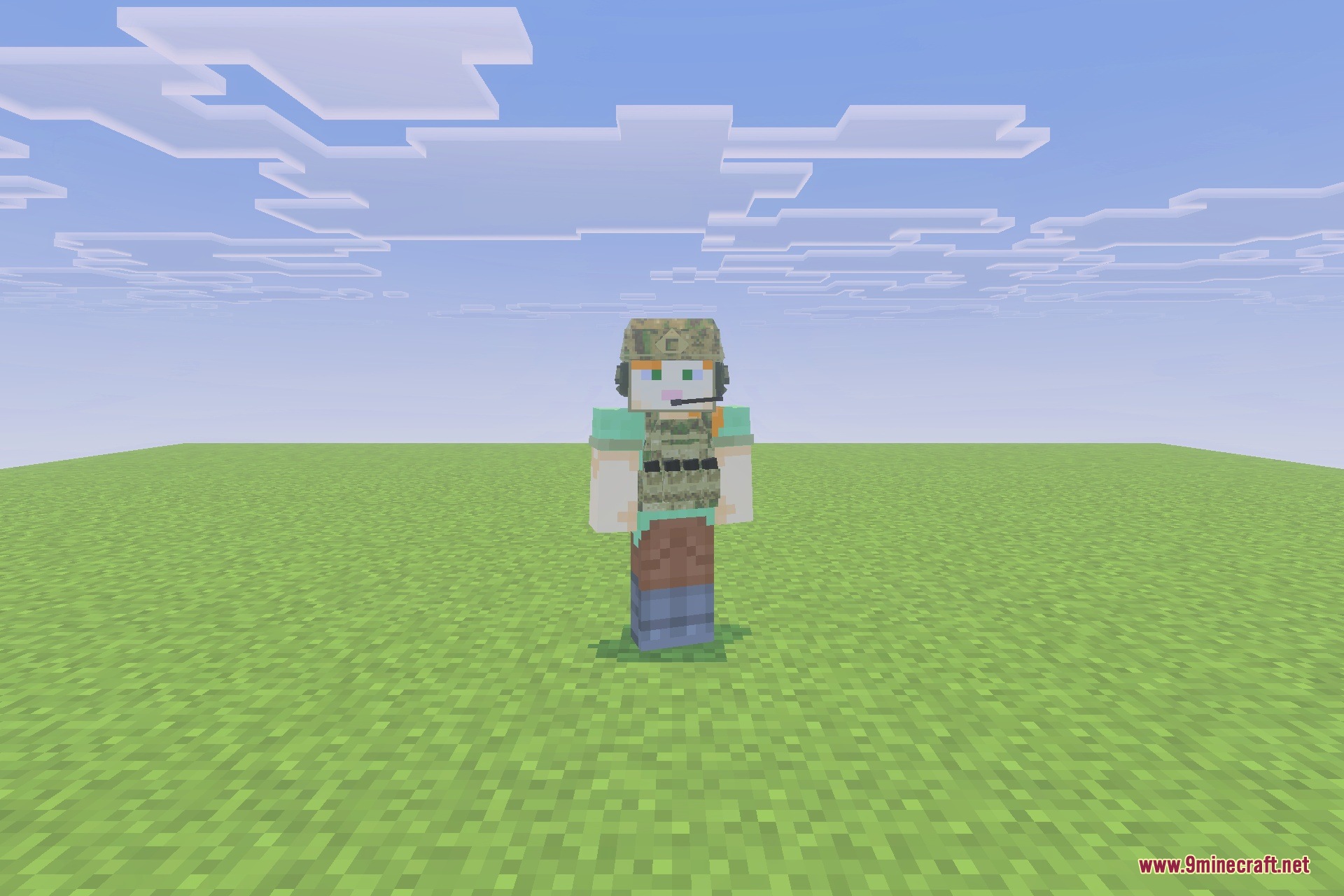GLOBAL MILITARY ARMOUR Addon Screenshot 1 Minecraft character wearing Global Military Armour camouflage gear on a grass field