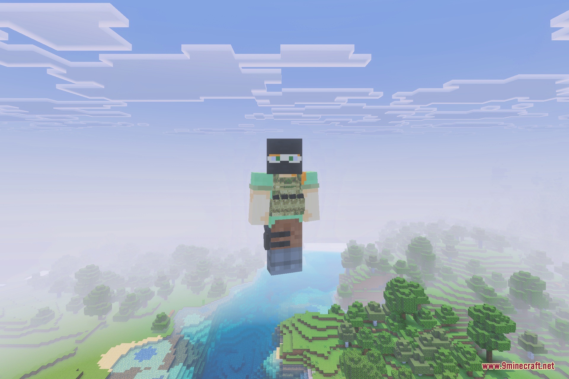 GLOBAL MILITARY ARMOUR Addon Screenshot 2 A player wearing a black tactical mask and military vest floating in air