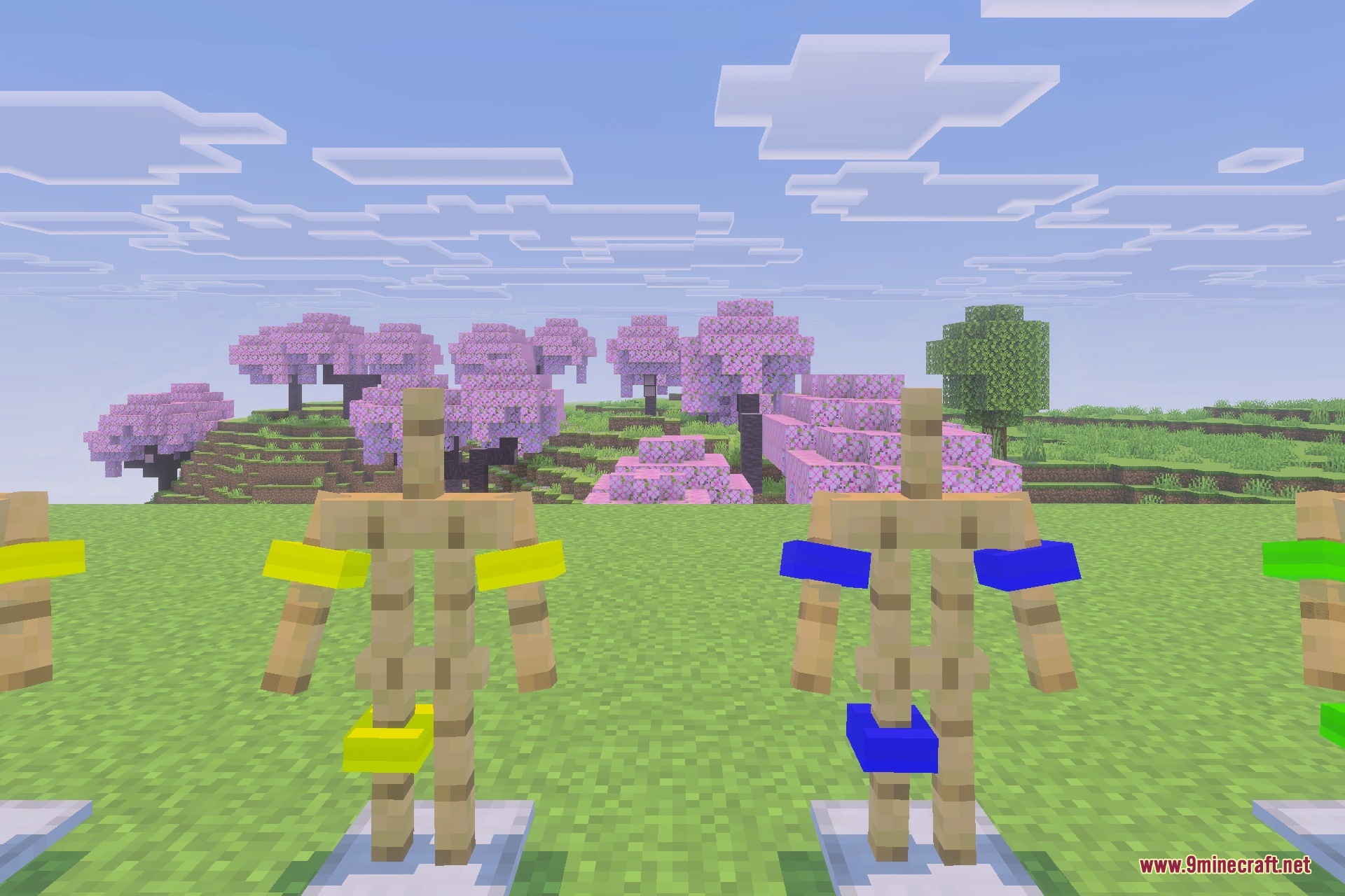 GLOBAL MILITARY ARMOUR Addon Screenshot 5 Armor stands displaying different colored tactical arm patches in a cherry grove