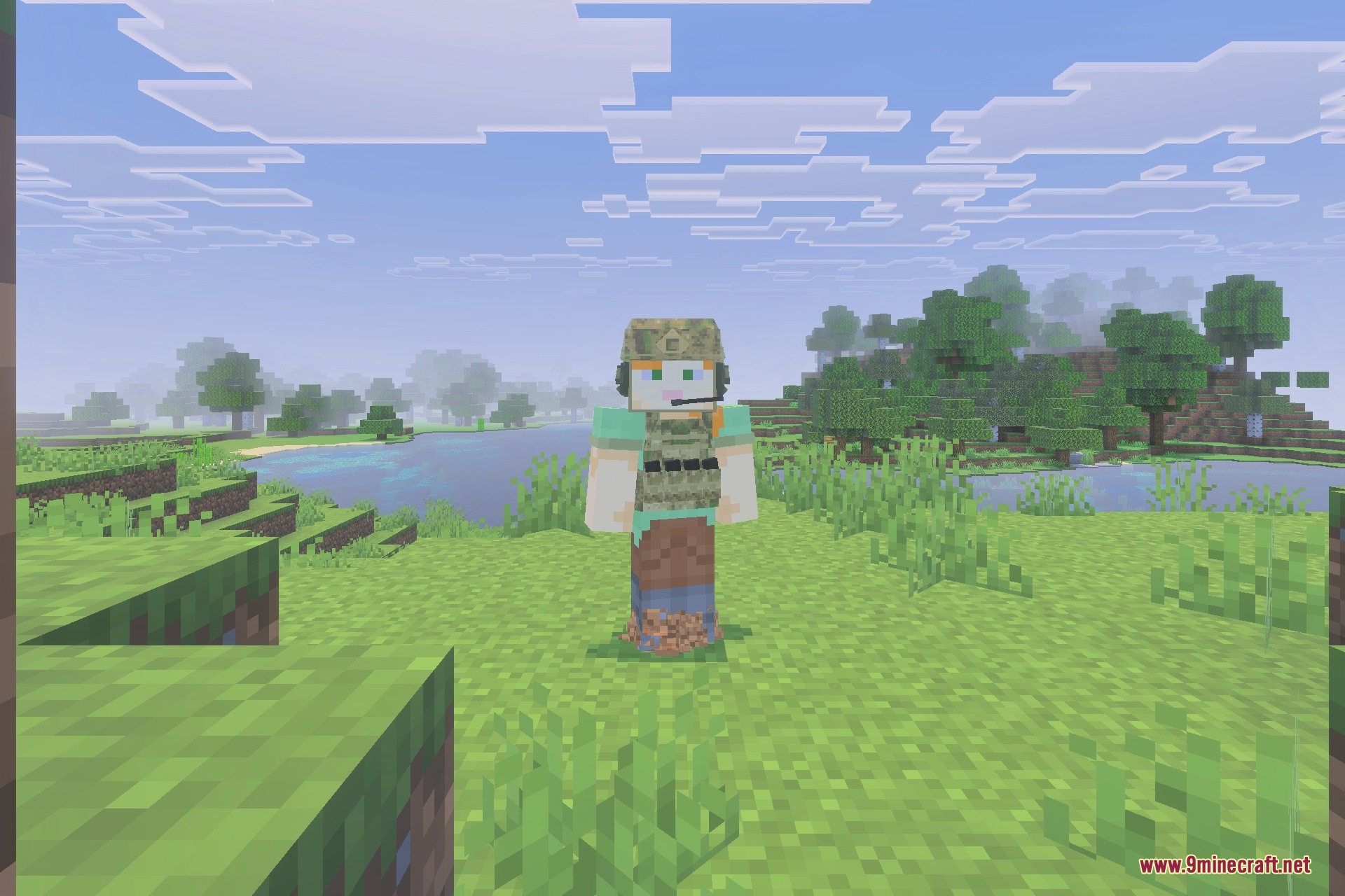 GLOBAL MILITARY ARMOUR Addon Screenshot 6 A player wearing a camouflage military uniform and tactical gear near water