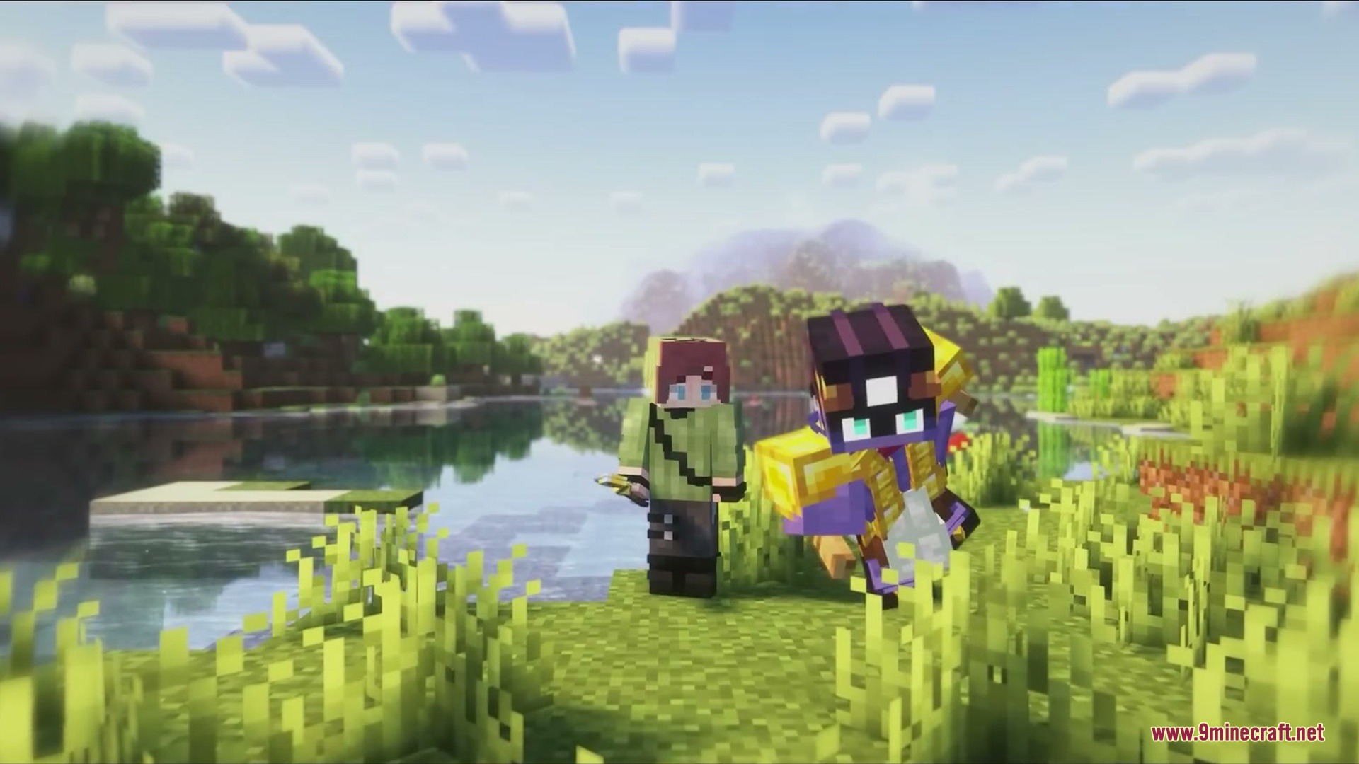Galebound Horizons Mod Screenshot 1 Two Minecraft characters explore a scenic landscape near a river and green hills