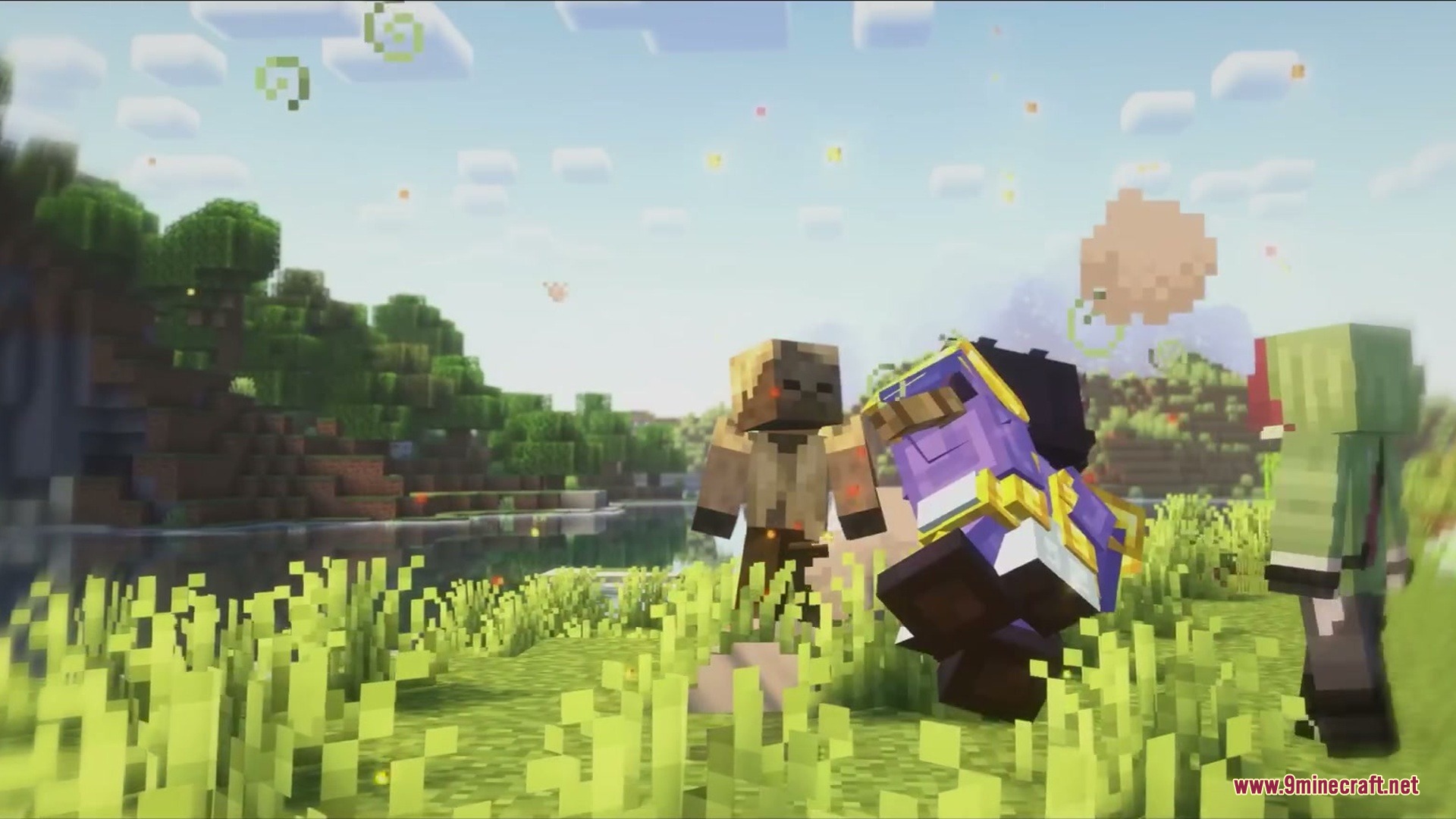 Galebound Horizons Mod Screenshot 3 A player in purple armor battles a Chilled mob near a scenic river