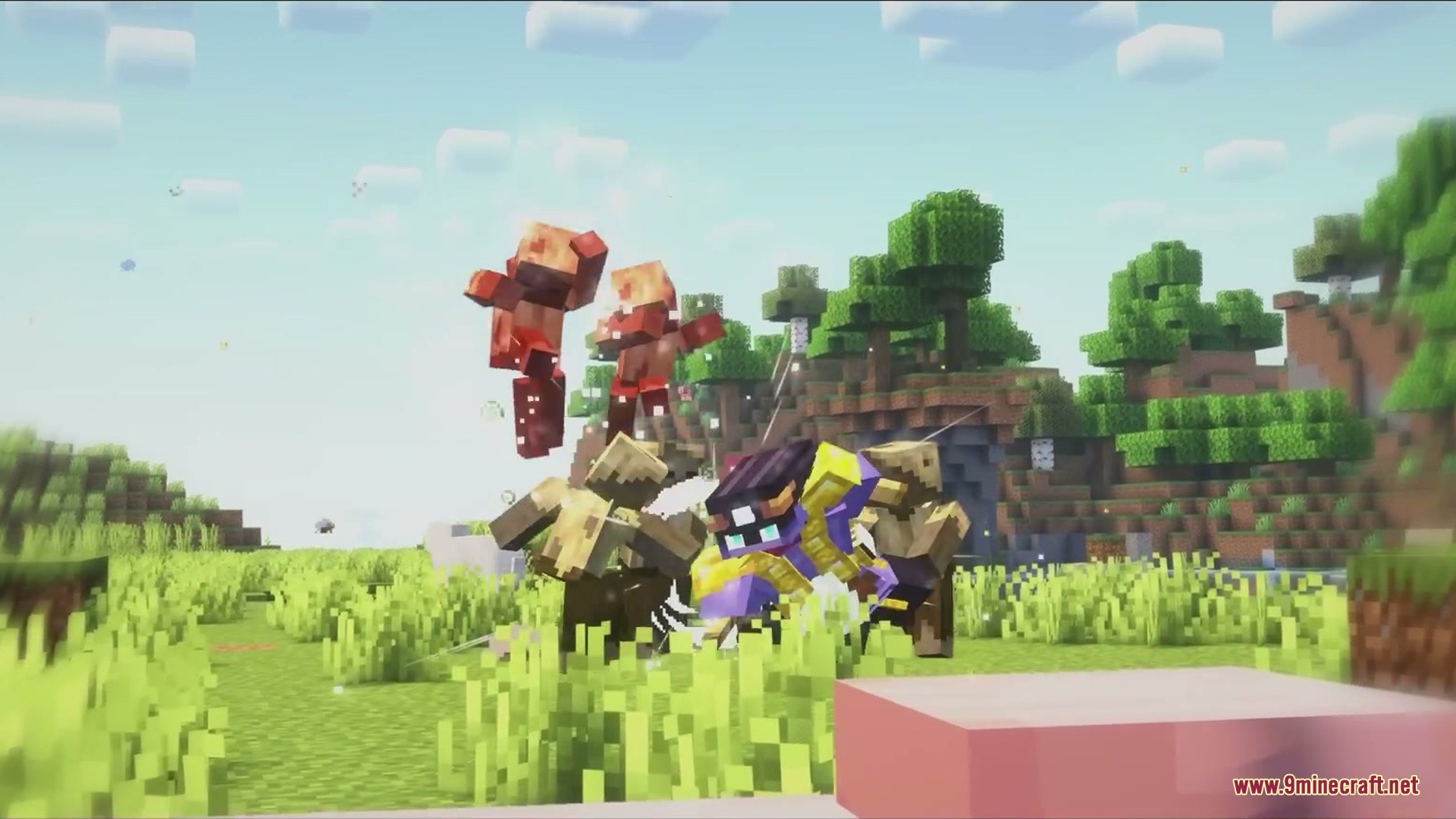 Galebound Horizons Mod Screenshot 5 A player wearing purple armor fights multiple hostile mobs in a grassy field