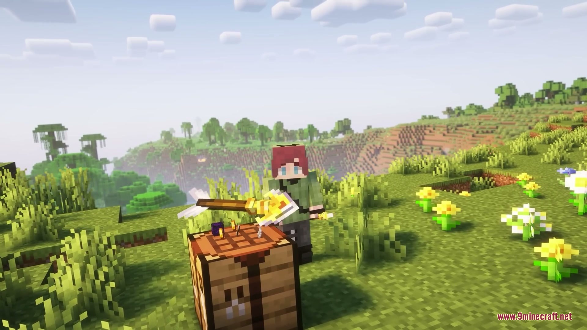 Galebound Horizons Mod Screenshot 9 A player interacts with Galebound Horizons items at a crafting table in Minecraft