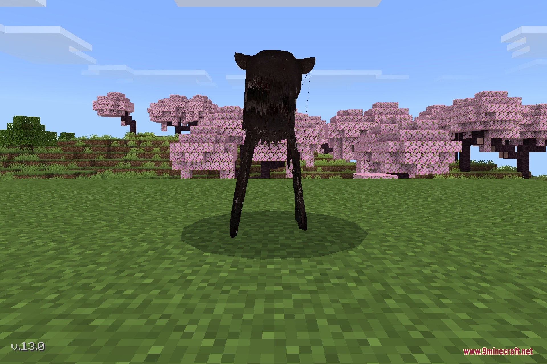 Ghostpig.jar Addon Screenshot 1 A tall shadowy monster with long legs stalks through a cherry blossom forest