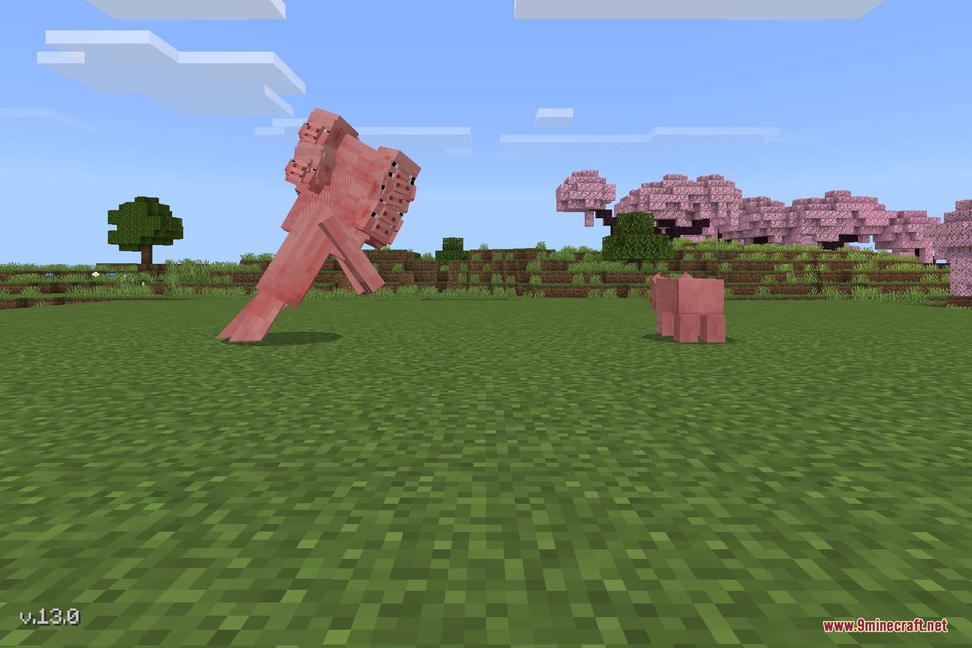 Ghostpig.jar Addon Screenshot 2 A terrifying malformed pig creature with multiple heads stands in a field