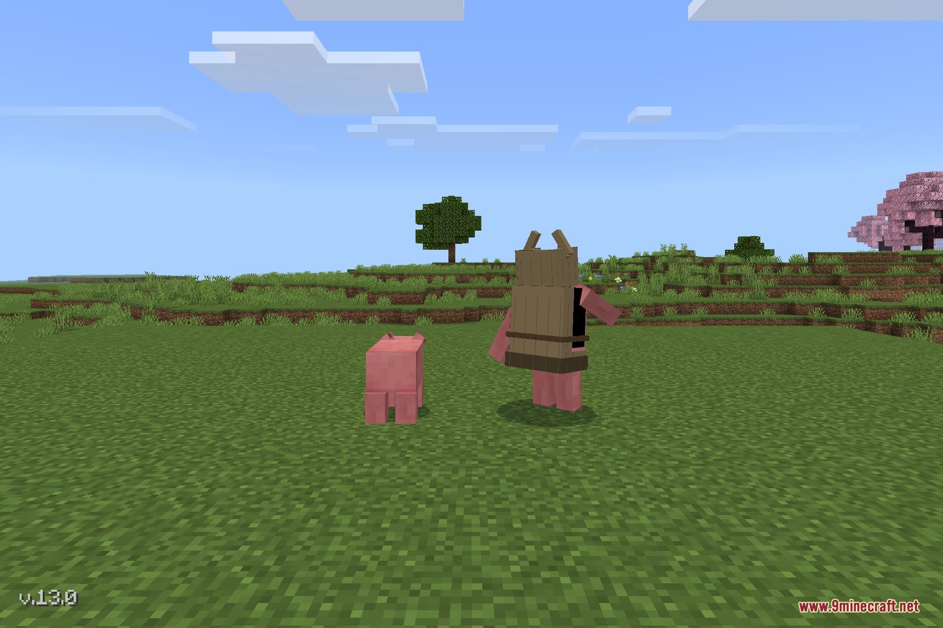 Ghostpig.jar Addon Screenshot 3 A tall humanoid pig monster stands beside a normal pig in a grassy field