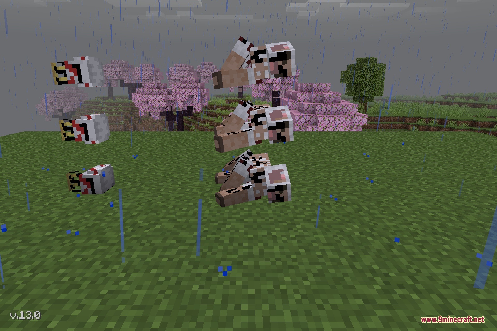 Ghostpig.jar Addon Screenshot 4 Malformed pig creatures with distorted bodies floating in the air during a rainstorm