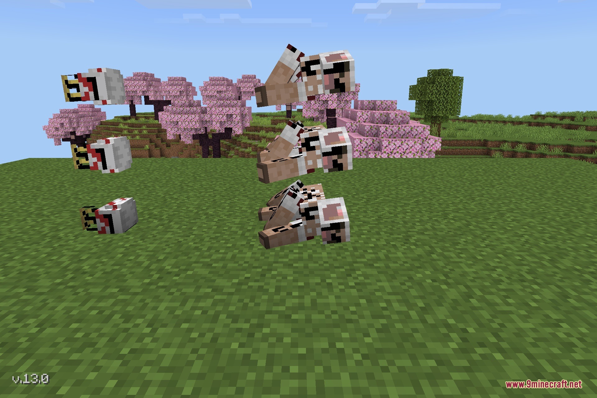 Ghostpig.jar Addon Screenshot 5 Several distorted and malformed pig creatures floating in a cherry blossom biome