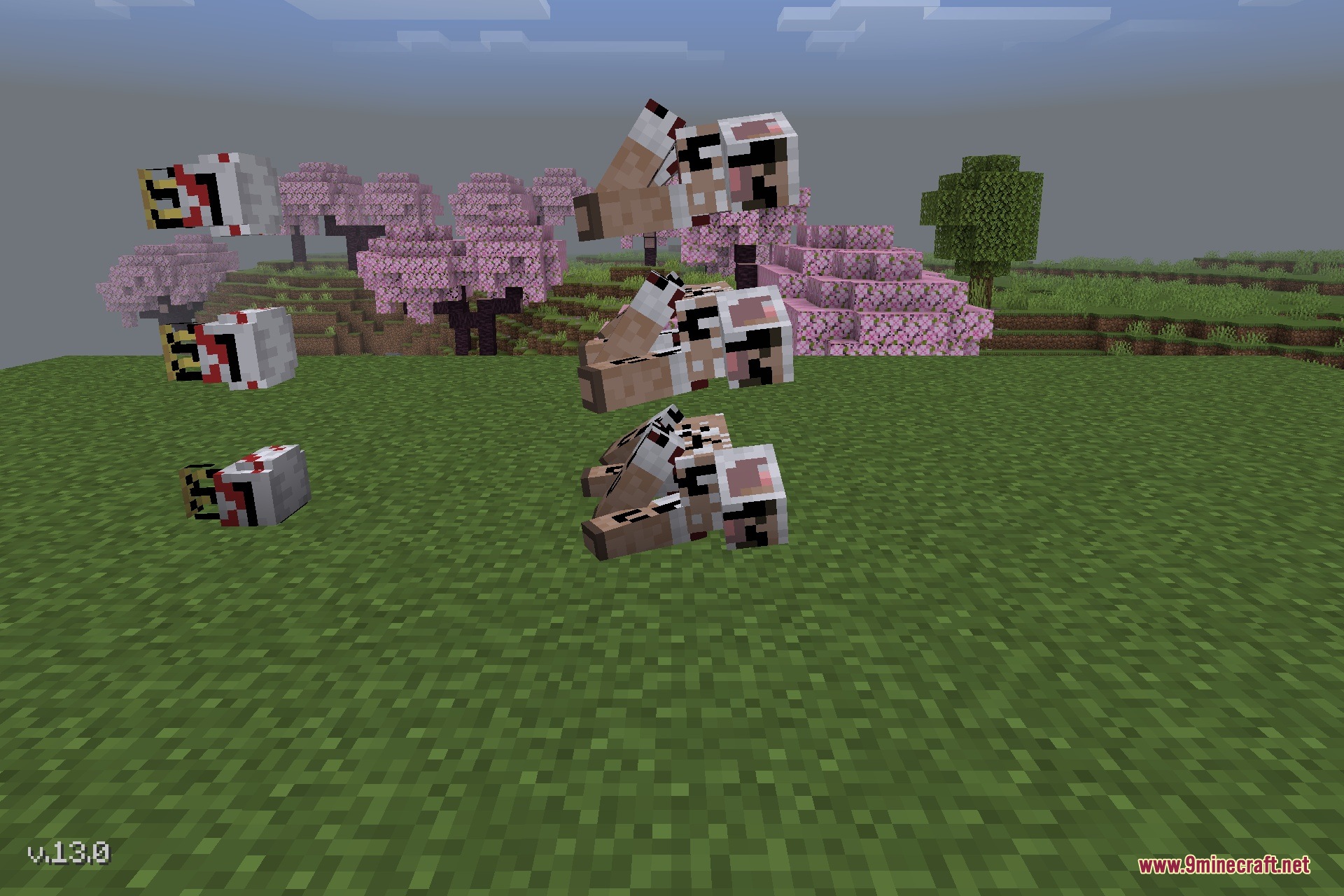 Ghostpig.jar Addon Screenshot 6 Multiple twisted pig monsters hovering over a grassy field near pink trees