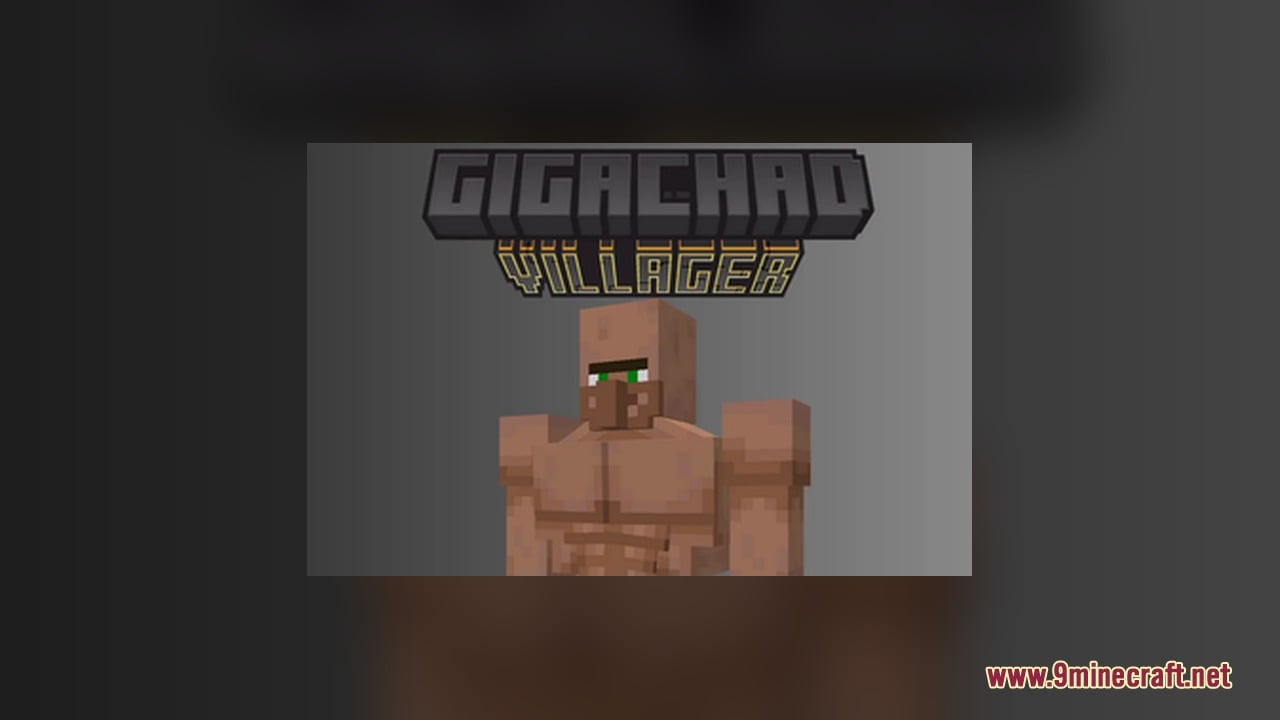 Title screen for Gigachad Villager pack featuring a muscular villager model