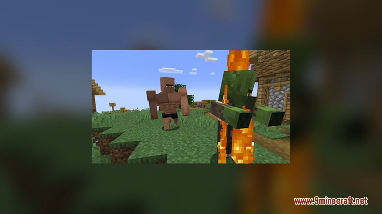 A muscular villager stands in a village while a zombie burns nearby