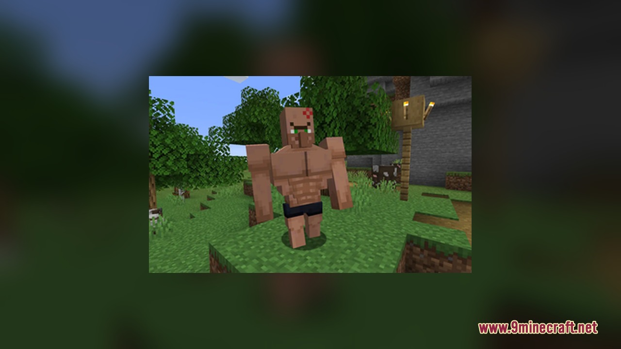 A buff villager with a muscular physique standing in a grassy Minecraft field