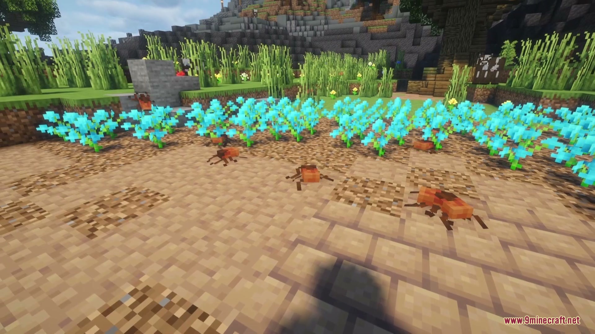 Gigantoscape Horizons Mod Screenshot 2 Brown ticks crawling on a stone path next to blue flowers
