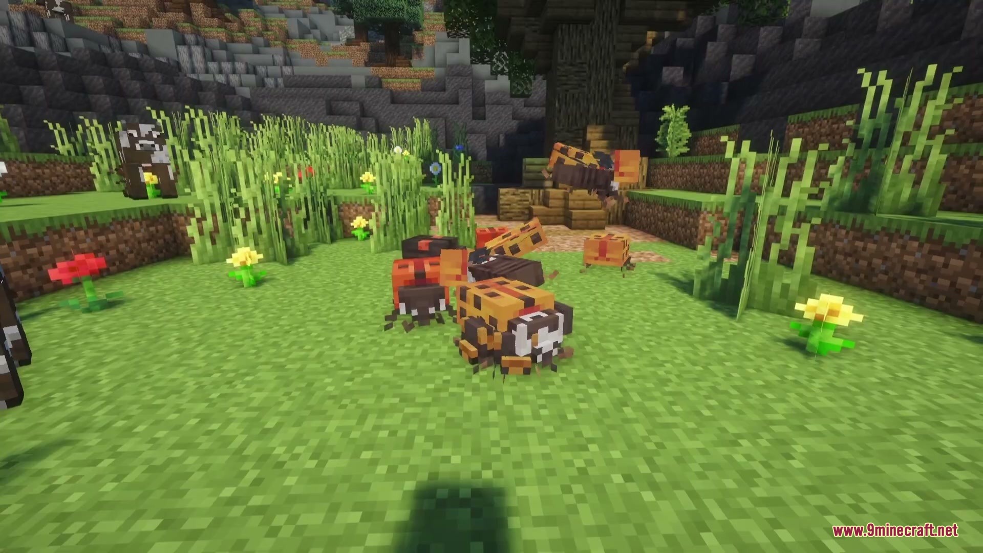 Gigantoscape Horizons Mod Screenshot 4 Multiple spotted ladybugs crawl on the green grass in a forest clearing