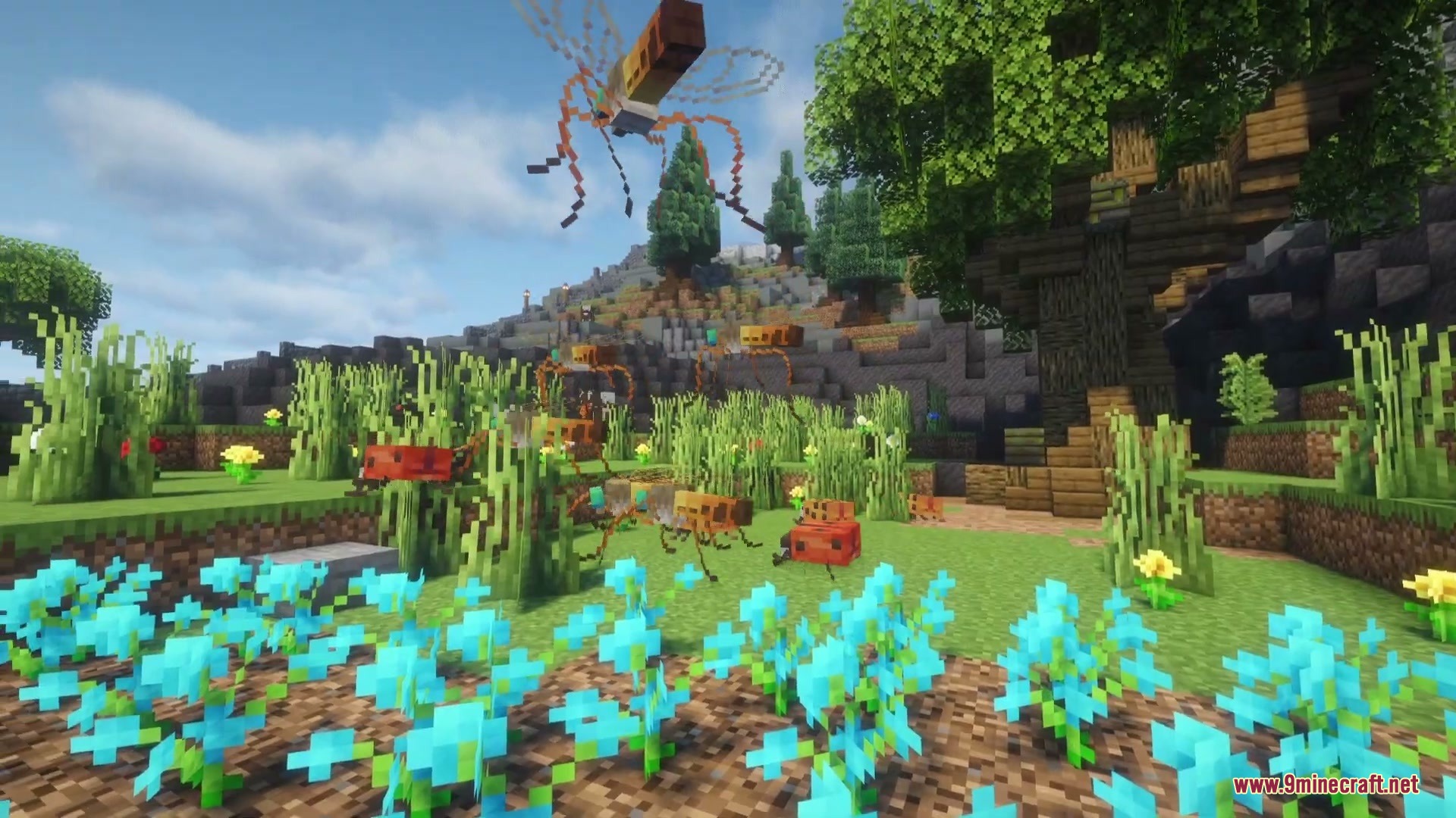 Gigantoscape Horizons Mod Screenshot 5 Giant ladybugs and ticks crawling on grass while a snipefly flies above