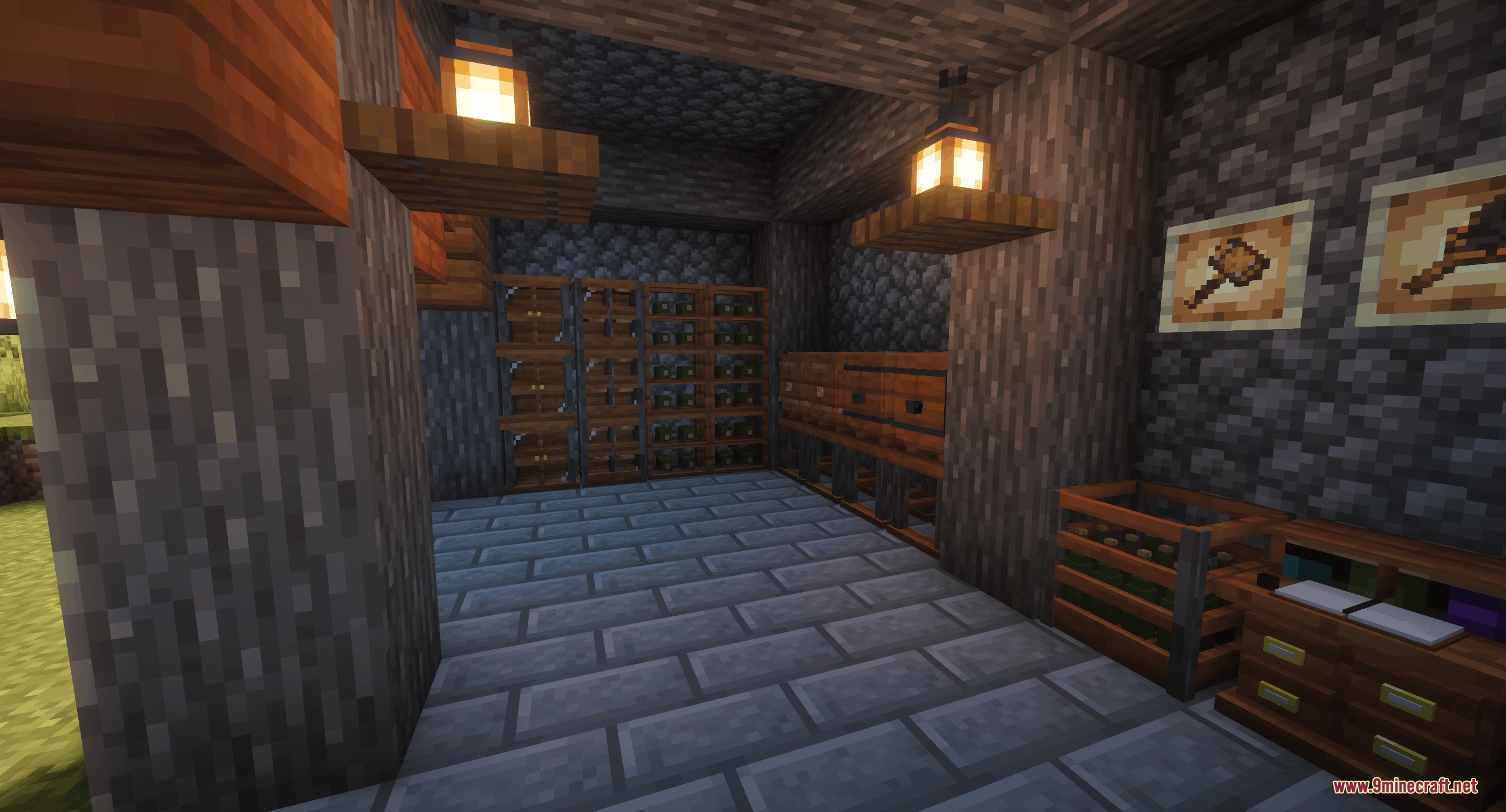 Gilded Grape Harvest Mod Screenshot 2 A stone cellar interior featuring various wine racks and wooden storage crates