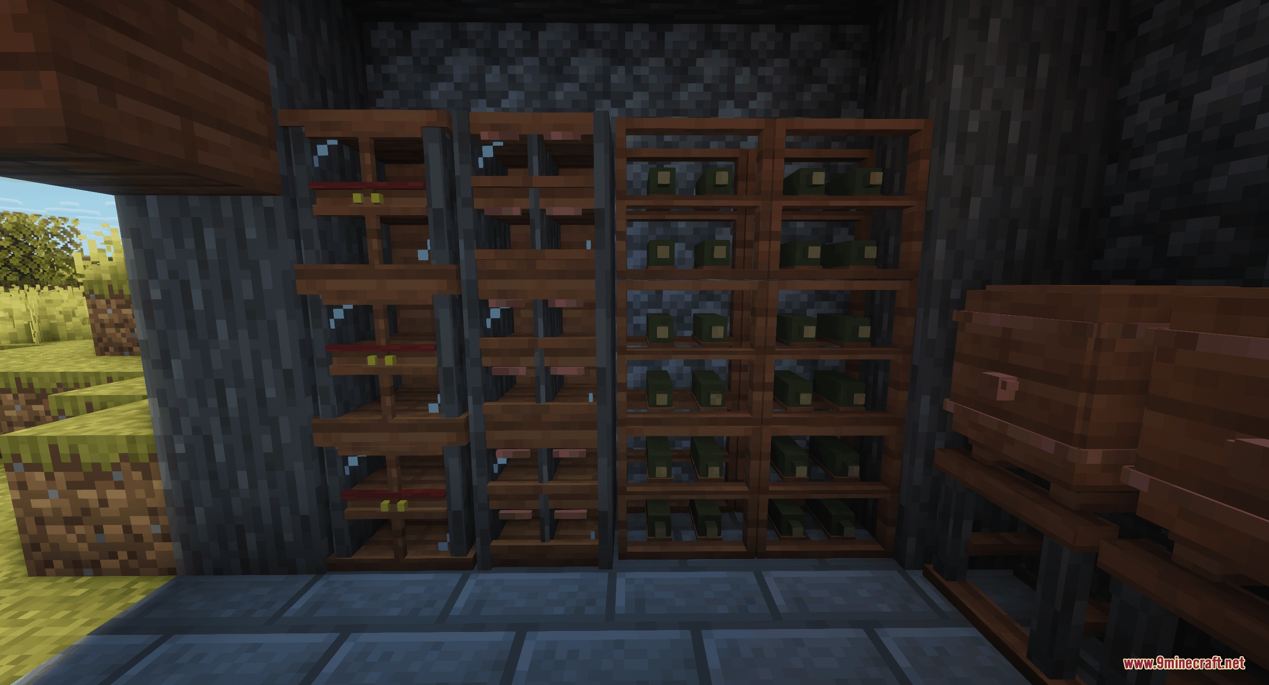 Gilded Grape Harvest Mod Screenshot 6 Wooden wine racks and shelves filled with bottled vintages in a cellar