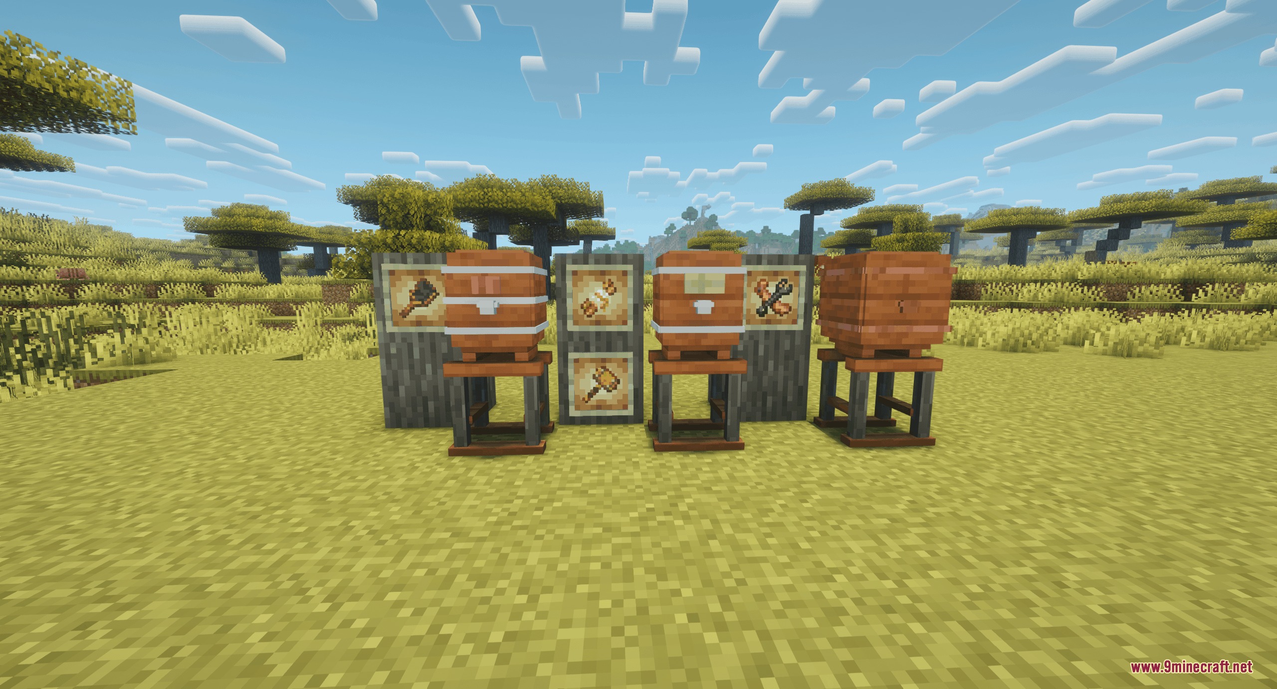 Gilded Grape Harvest Mod Screenshot 8 Three fermentation barrels and crafting tools displayed in a grassy field