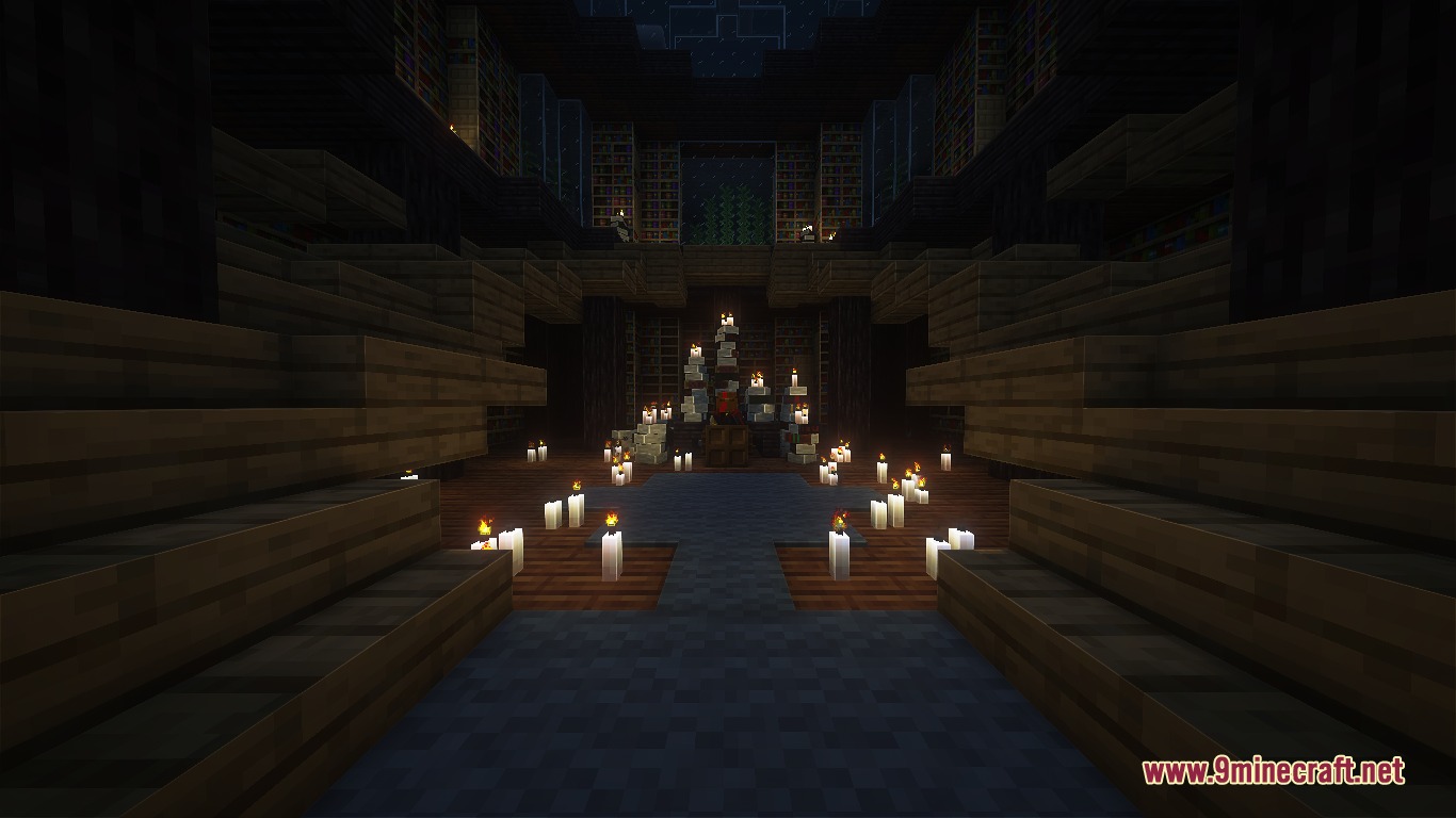 Gilded Ivy Manor Mod Screenshot 1 Dark academic library interior featuring candles and bookshelves from Gilded Ivy Manor