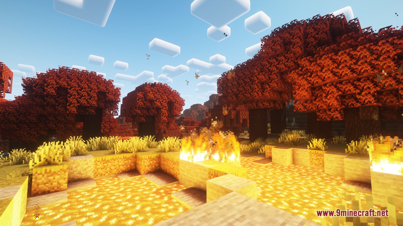 Gilded Ivy Manor Mod Screenshot 4 Lava pools and fire burn on the ground in orange forests