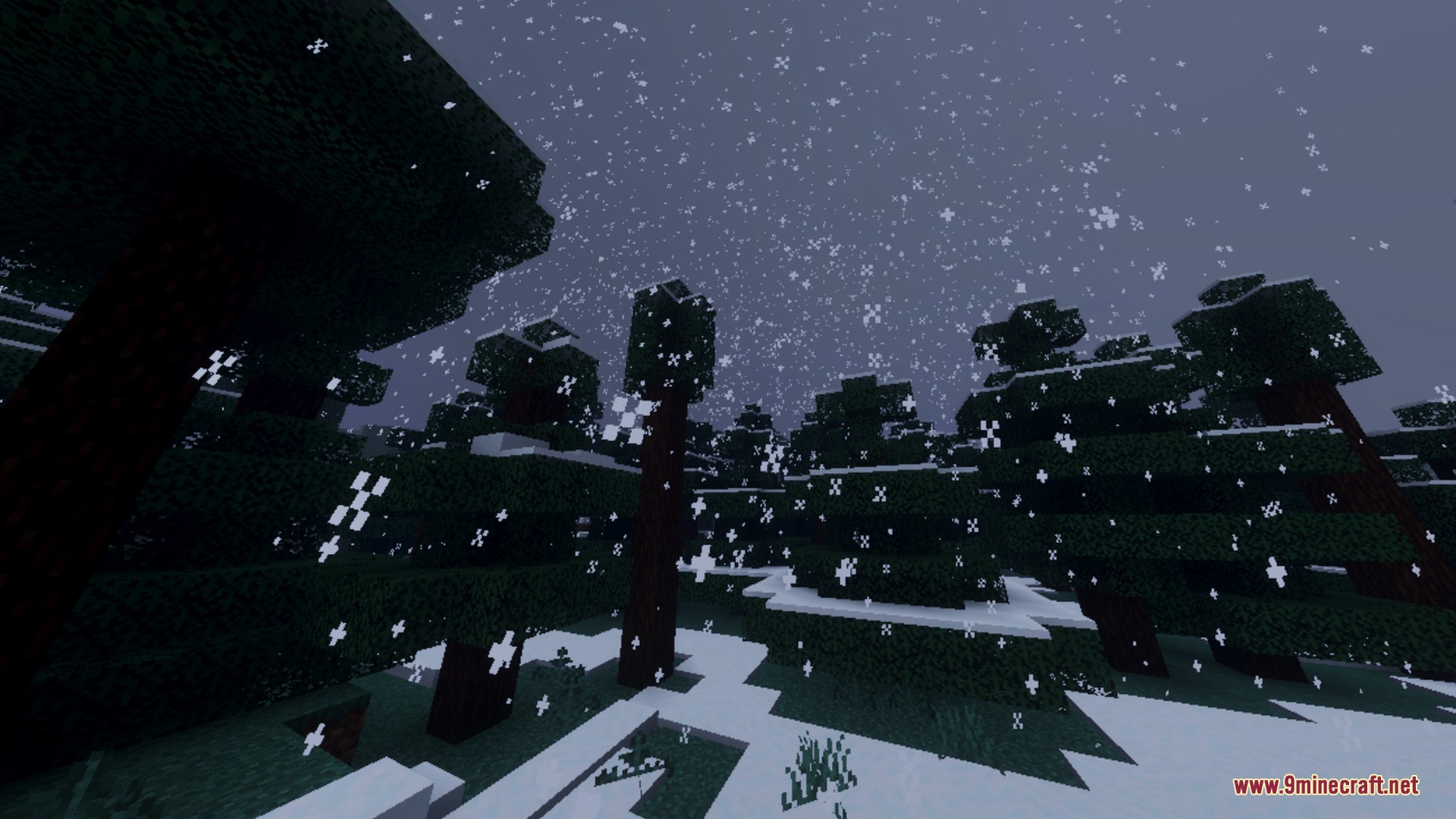 Glacier Visuals Shader Screenshot 10 Snow falling over a dark spruce forest during a cold winter night