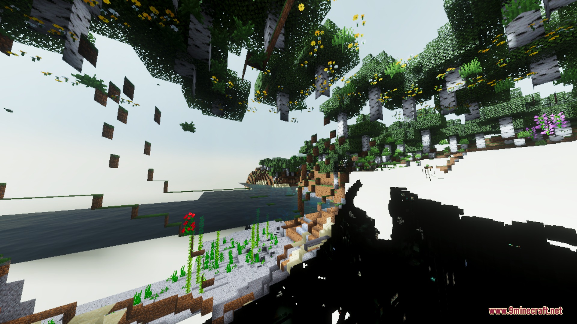 Glacier Visuals Shader Screenshot 3 Floating birch trees and glitched terrain blocks under a bright sky