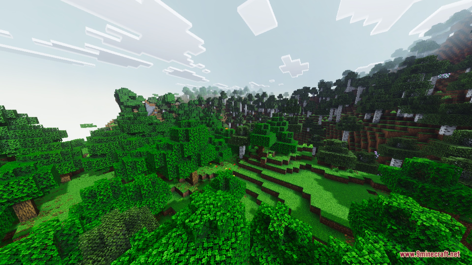 Glacier Visuals Shader Screenshot 7 A scenic landscape of a dense forest with vibrant green leaves and clouds