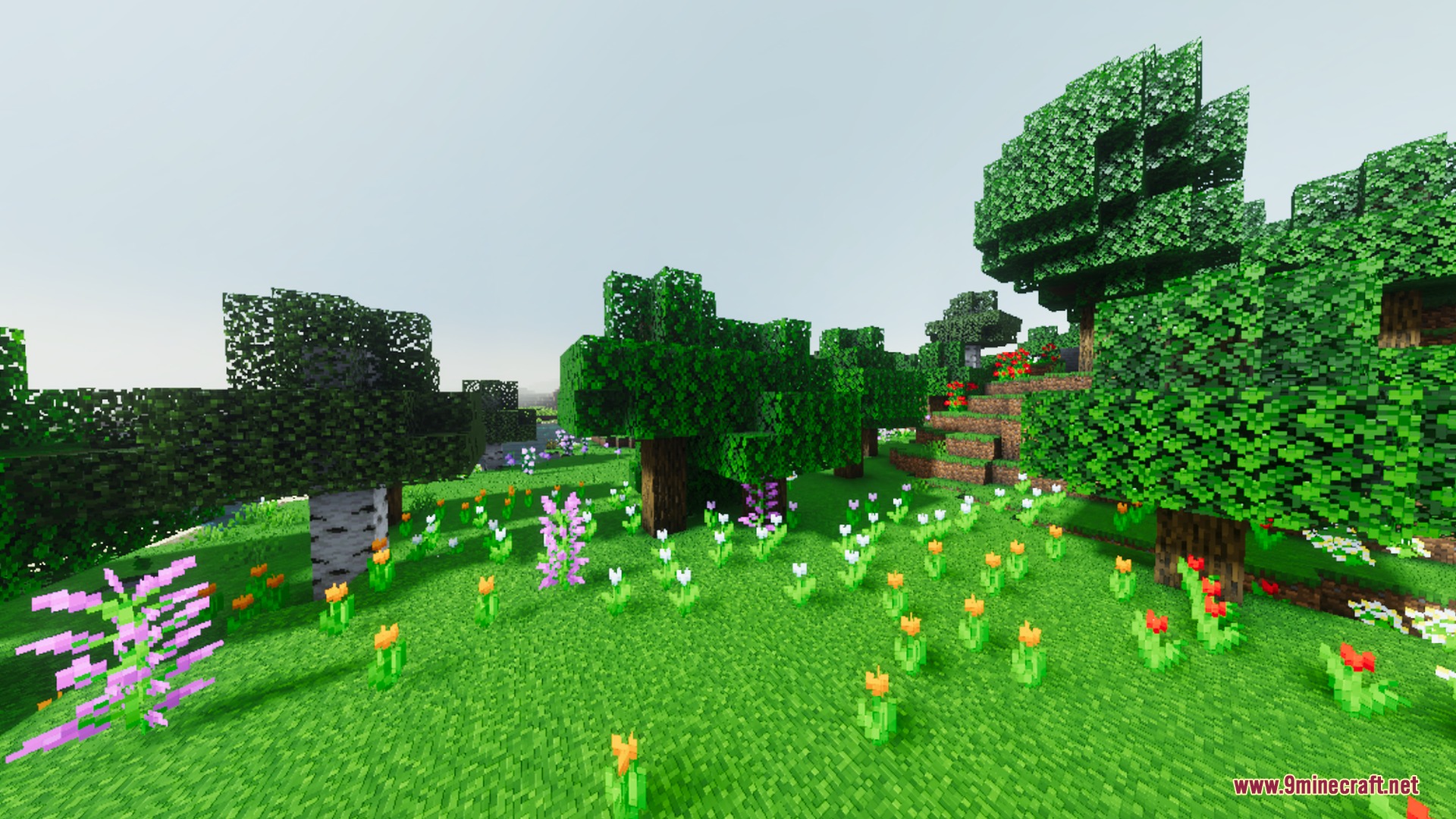 Glacier Visuals Shader Screenshot 9 A vibrant flower forest biome with colorful flowers and lush green trees