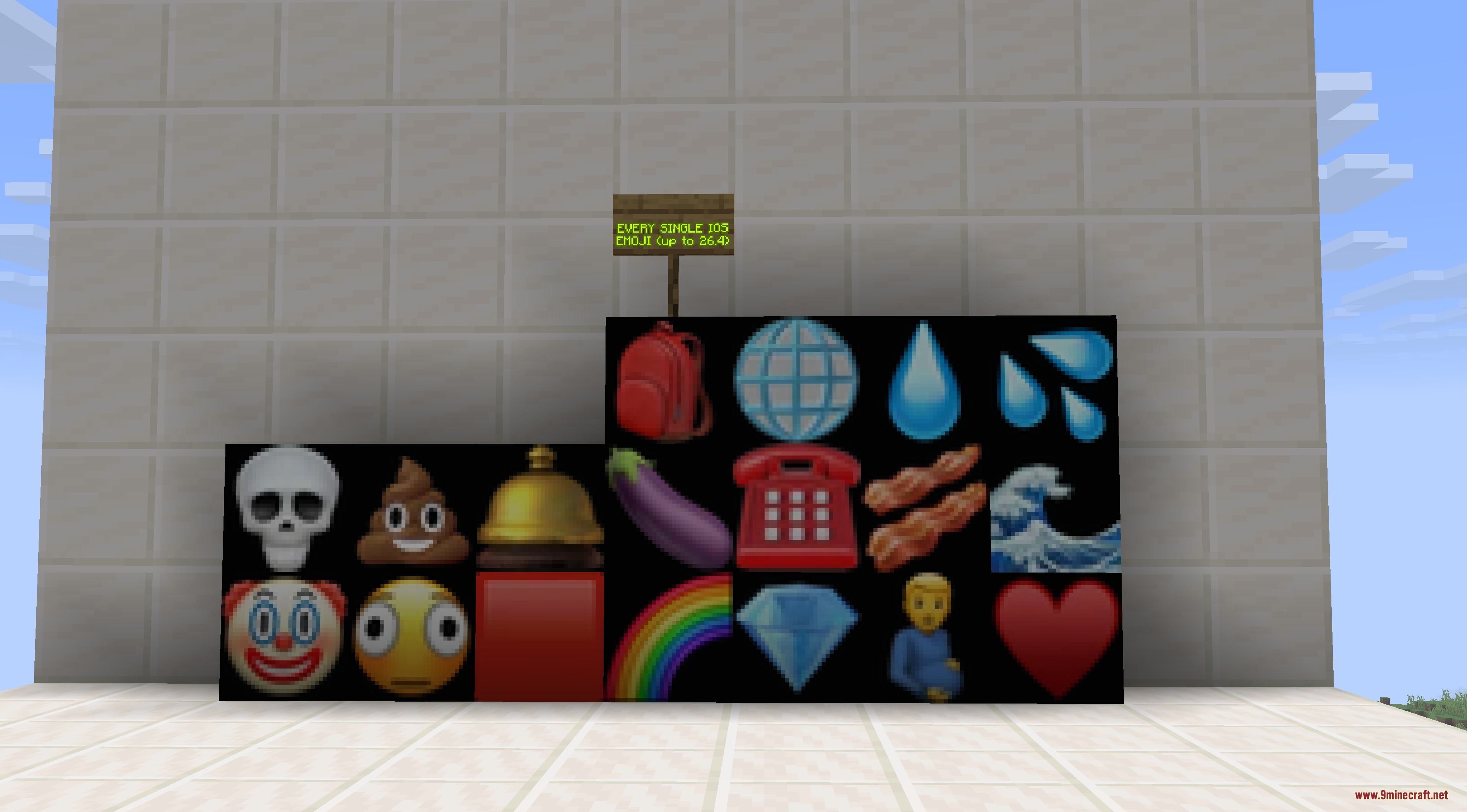 Glitch Hype Frenzy Mod Screenshot 1 A collection of various emoji blocks displayed on a wall in Minecraft