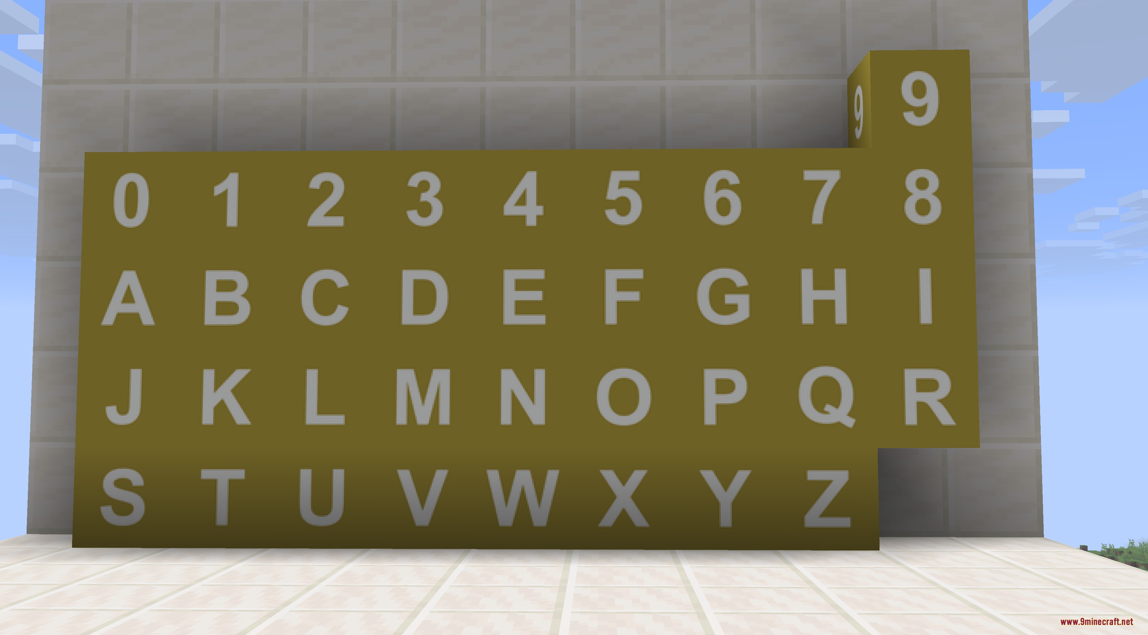 Glitch Hype Frenzy Mod Screenshot 5 Gold decorative blocks with letters and numbers on a white Minecraft wall