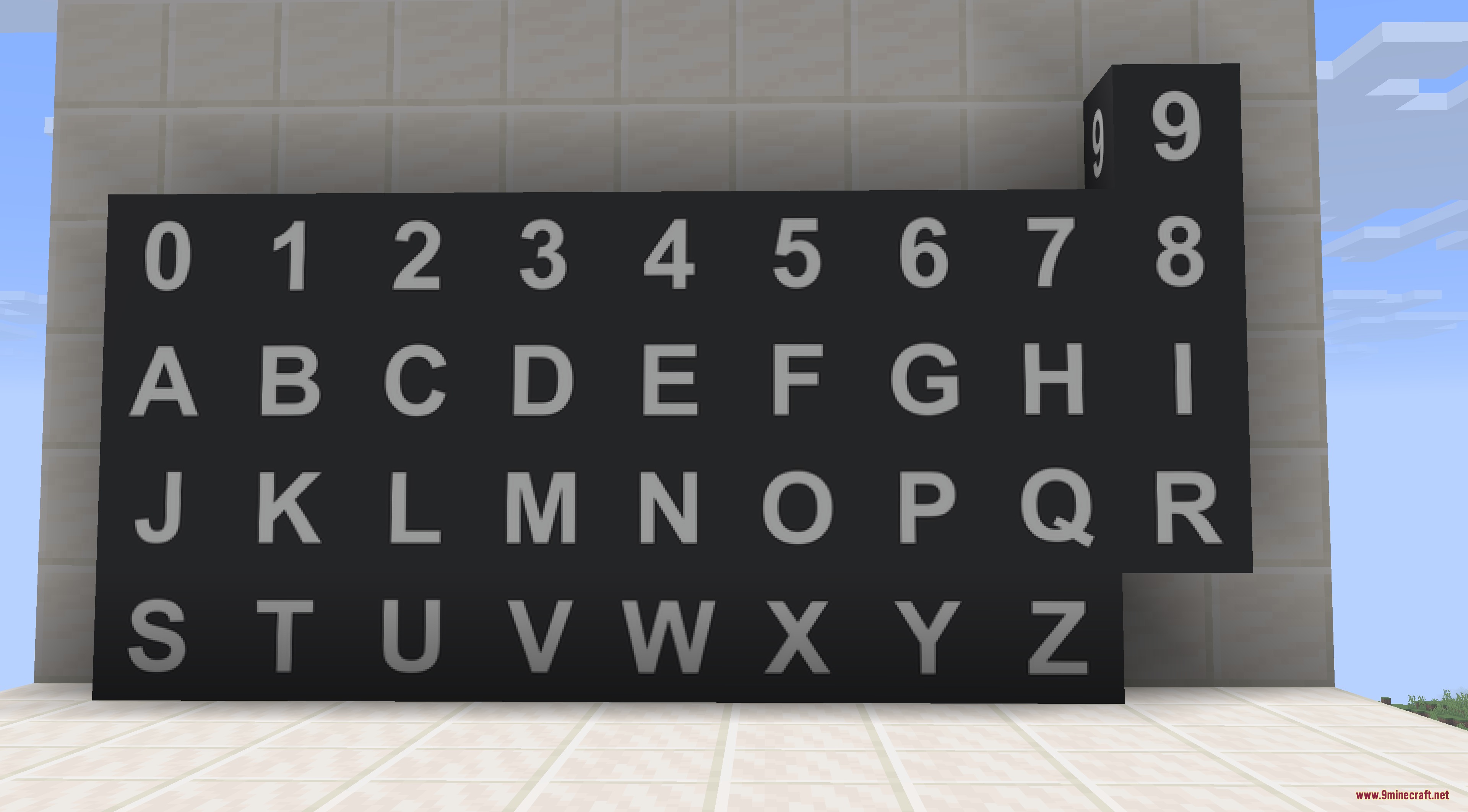 Glitch Hype Frenzy Mod Screenshot 6 Black decorative blocks with letters and numbers on a white Minecraft wall