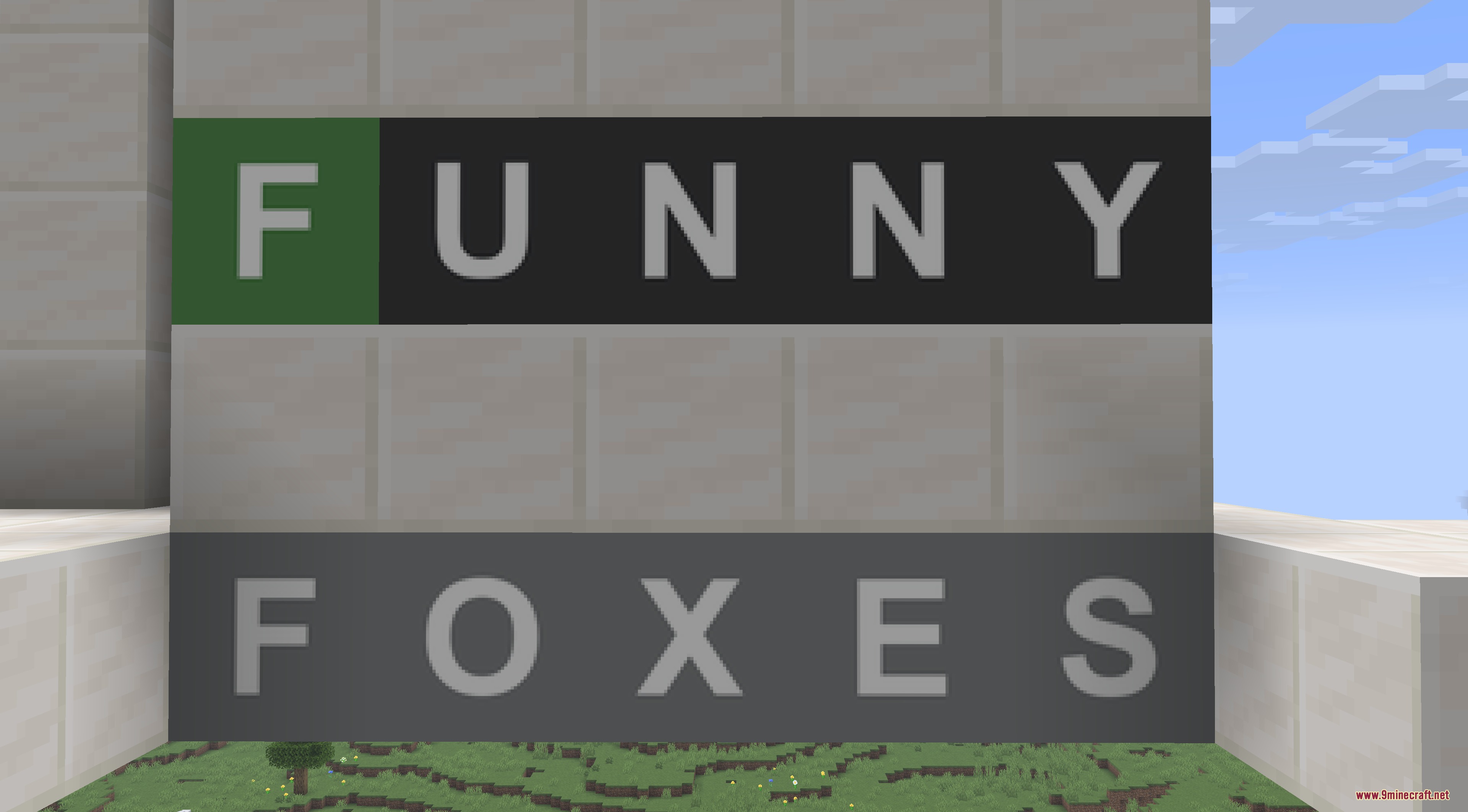 Glitch Hype Frenzy Mod Screenshot 7 Minecraft wall featuring Wordle style letter blocks spelling out Funny Foxes