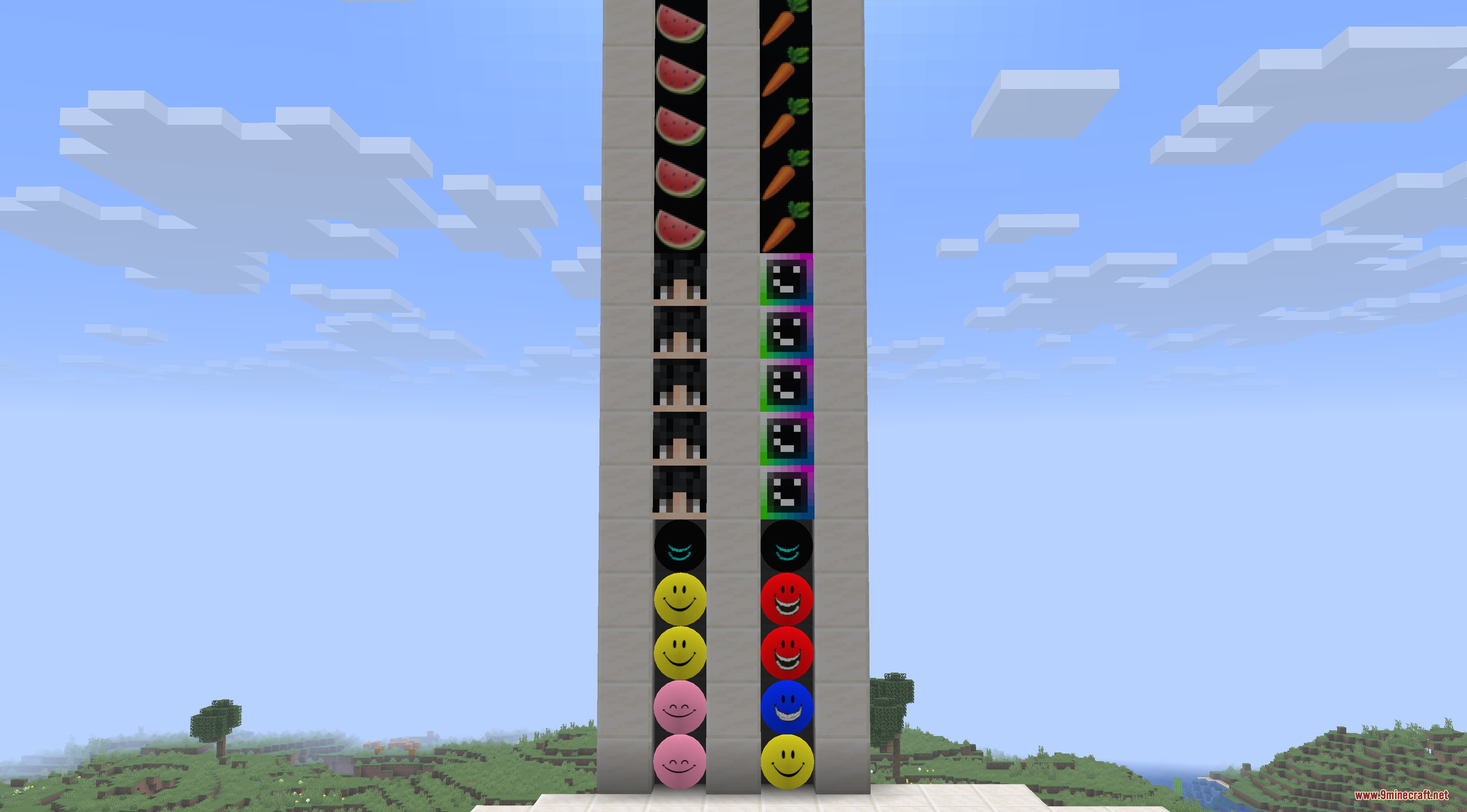 Glitch Hype Frenzy Mod Screenshot 8 Tall tower displaying various decorative emoji and character face blocks in Minecraft