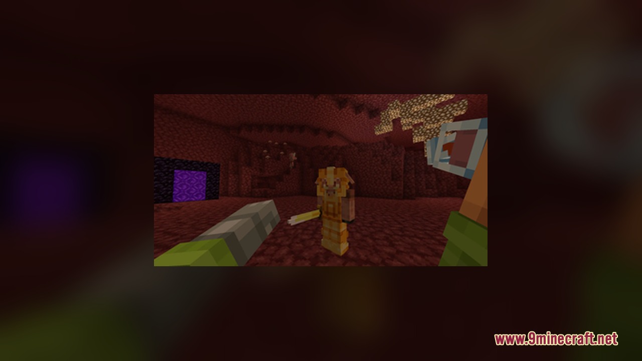 Player encounters a custom 3D armor stand wearing gold armor in the Nether