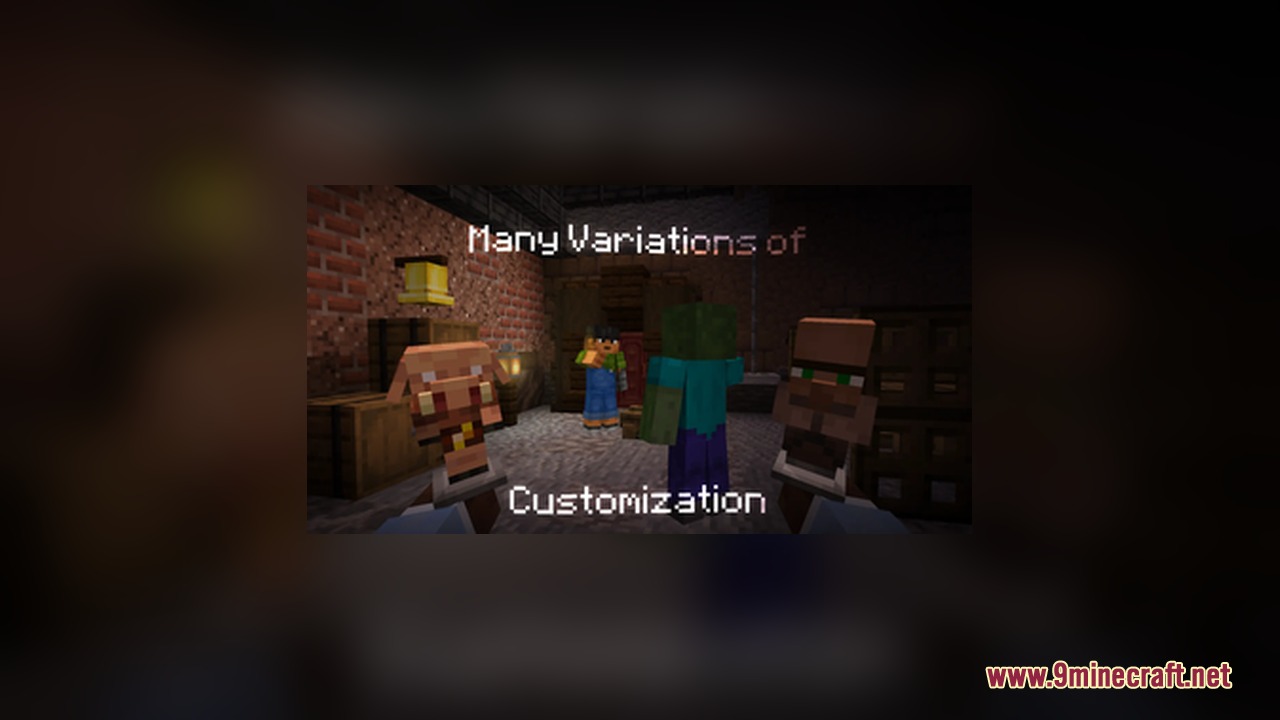A group of various custom NPC models standing inside a decorated brick room