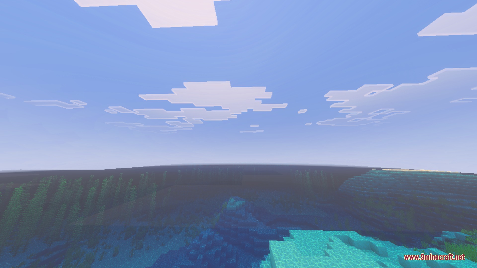 A wide view of a Minecraft ocean biome with kelp and coral reefs
