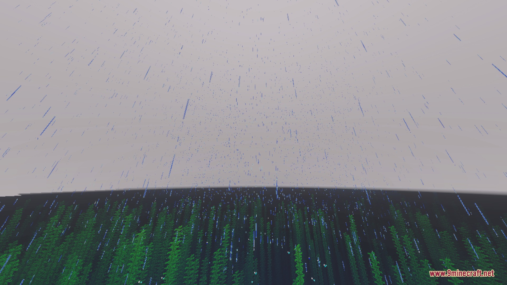 Rain falling over a dark ocean filled with tall green kelp plants underwater