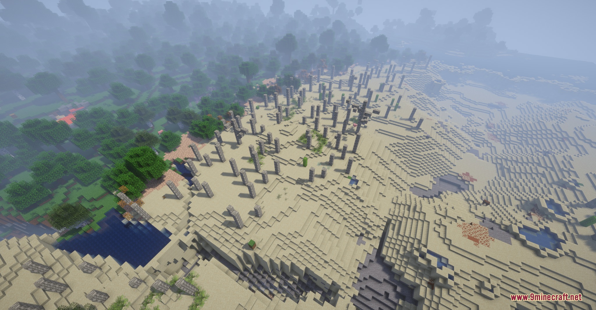 Golden Dune Purge Mod Screenshot 3 An expanding desert biome with stone pillars encroaching on a lush green forest