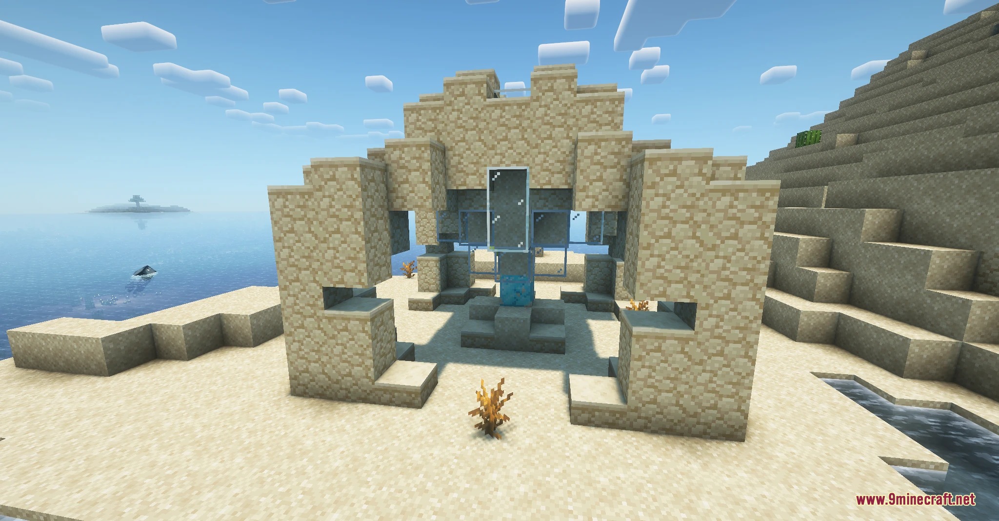 Golden Dune Purge Mod Screenshot 4 A ritualistic Nameless Altar built with sandstone and glass near the ocean shore