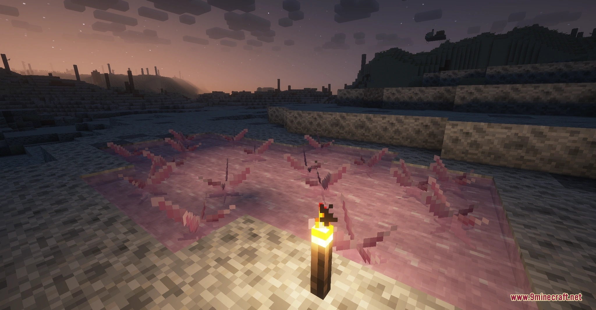 Golden Dune Purge Mod Screenshot 5 Pink salt crystals growing in a shallow pool within a salt desert biome