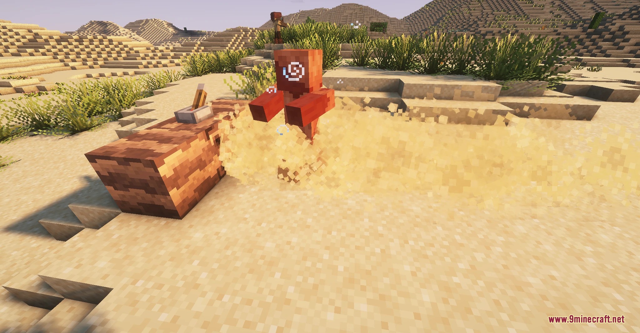 Golden Dune Purge Mod Screenshot 6 A small red construct kicks up sand while moving through a desert landscape