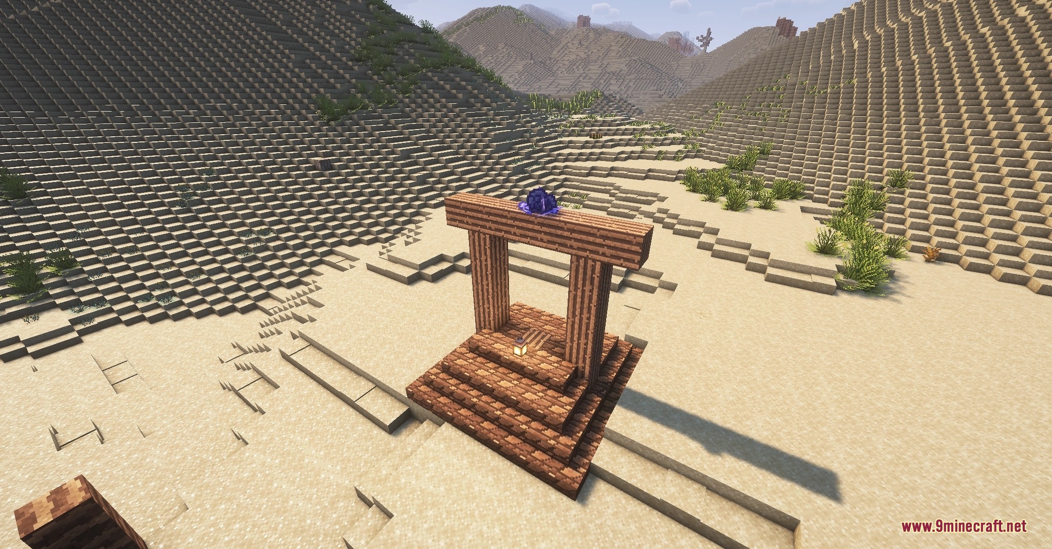 Golden Dune Purge Mod Screenshot 8 A wooden Nameless Altar structure with a blue crystal in the desert